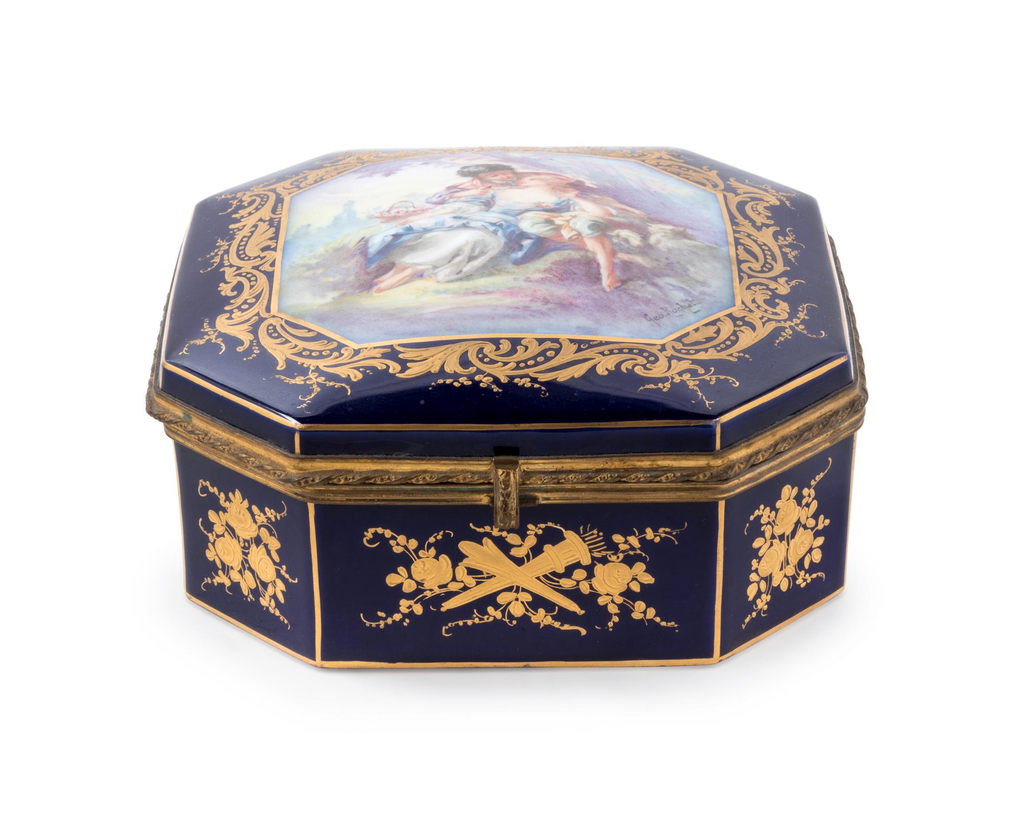 A Sèvres Style Painted and Parcel Gilt Porcelain Table Casket