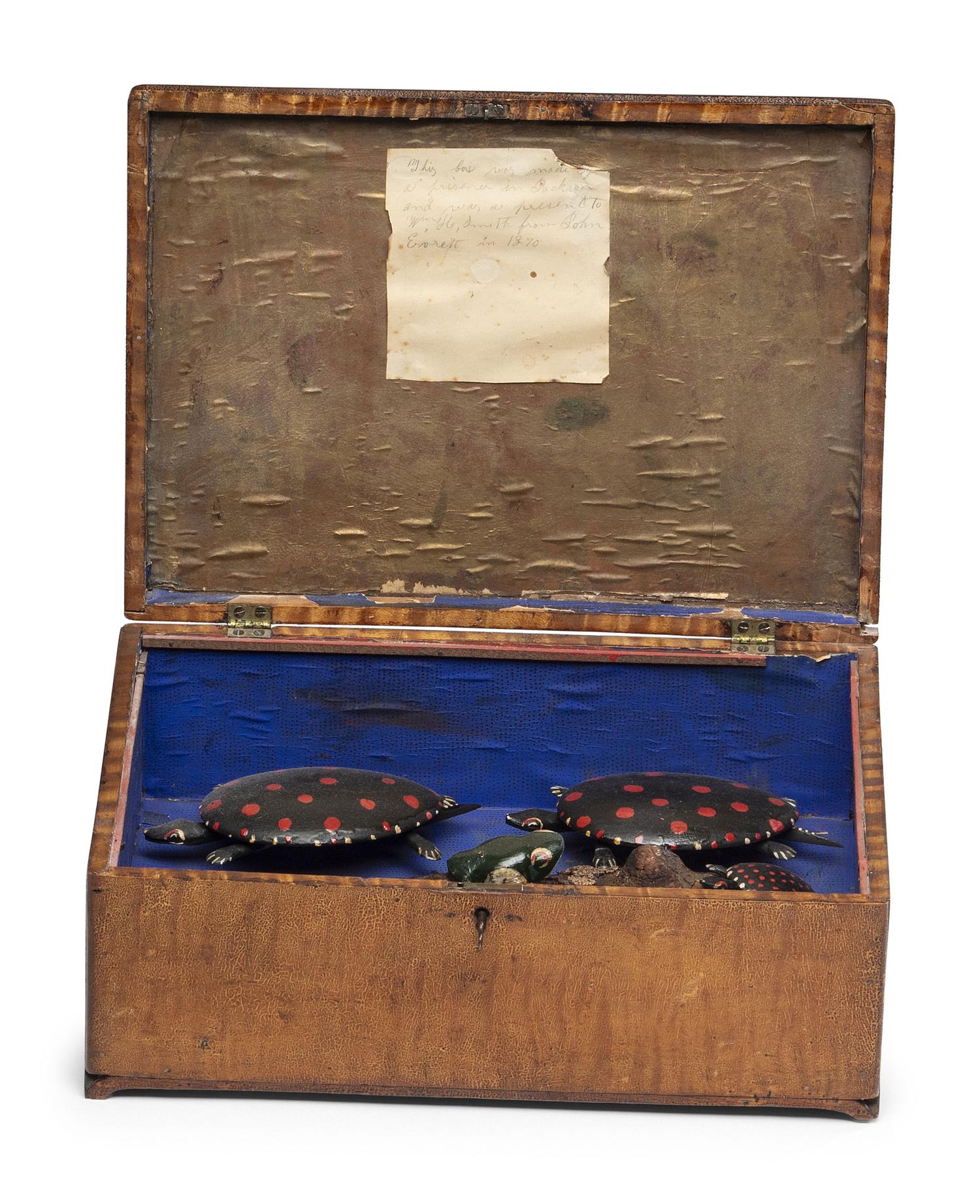 A Prisoner Made Figured Maple and Marquetry Inlaid Box with Turtles and Frogs, 19th Century