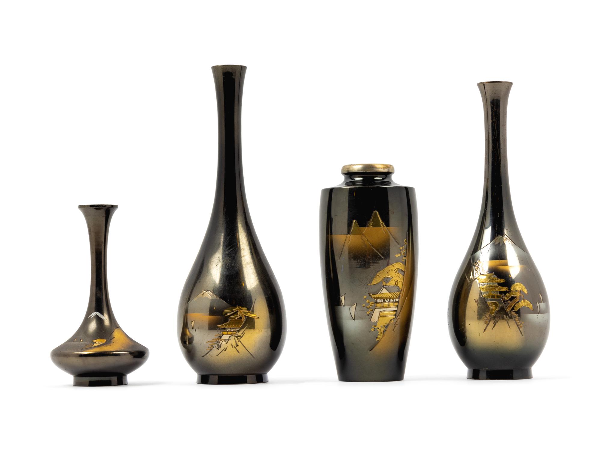 Four Japanese Mixed Metal Vases