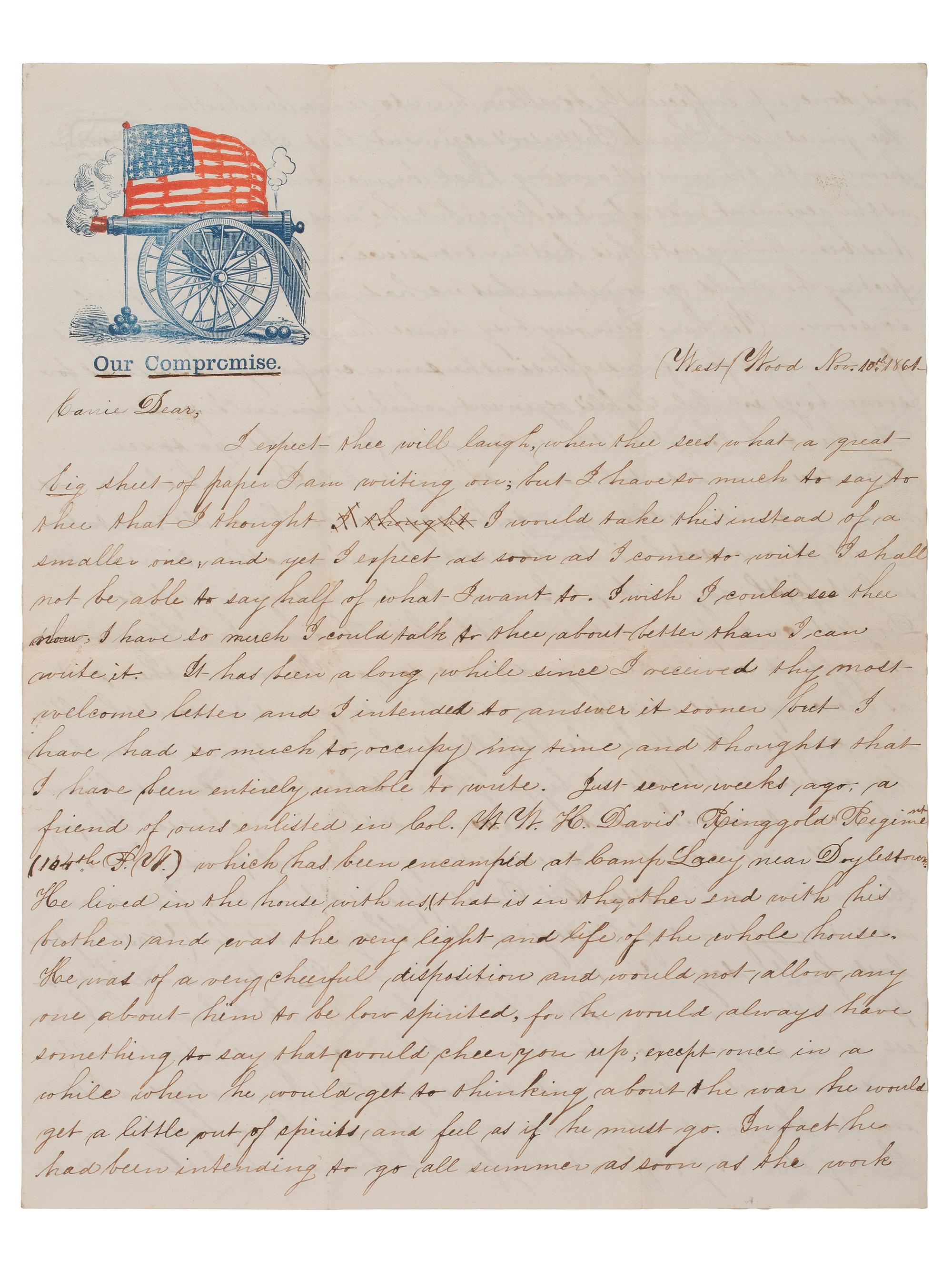 [CIVIL WAR]. War-date letters of Quaker artist and photographer Susan Walmsley (1843-1888) to her friend Carrie Wilson, with discussion of the war, politics, the Sanitary Fair, and more.