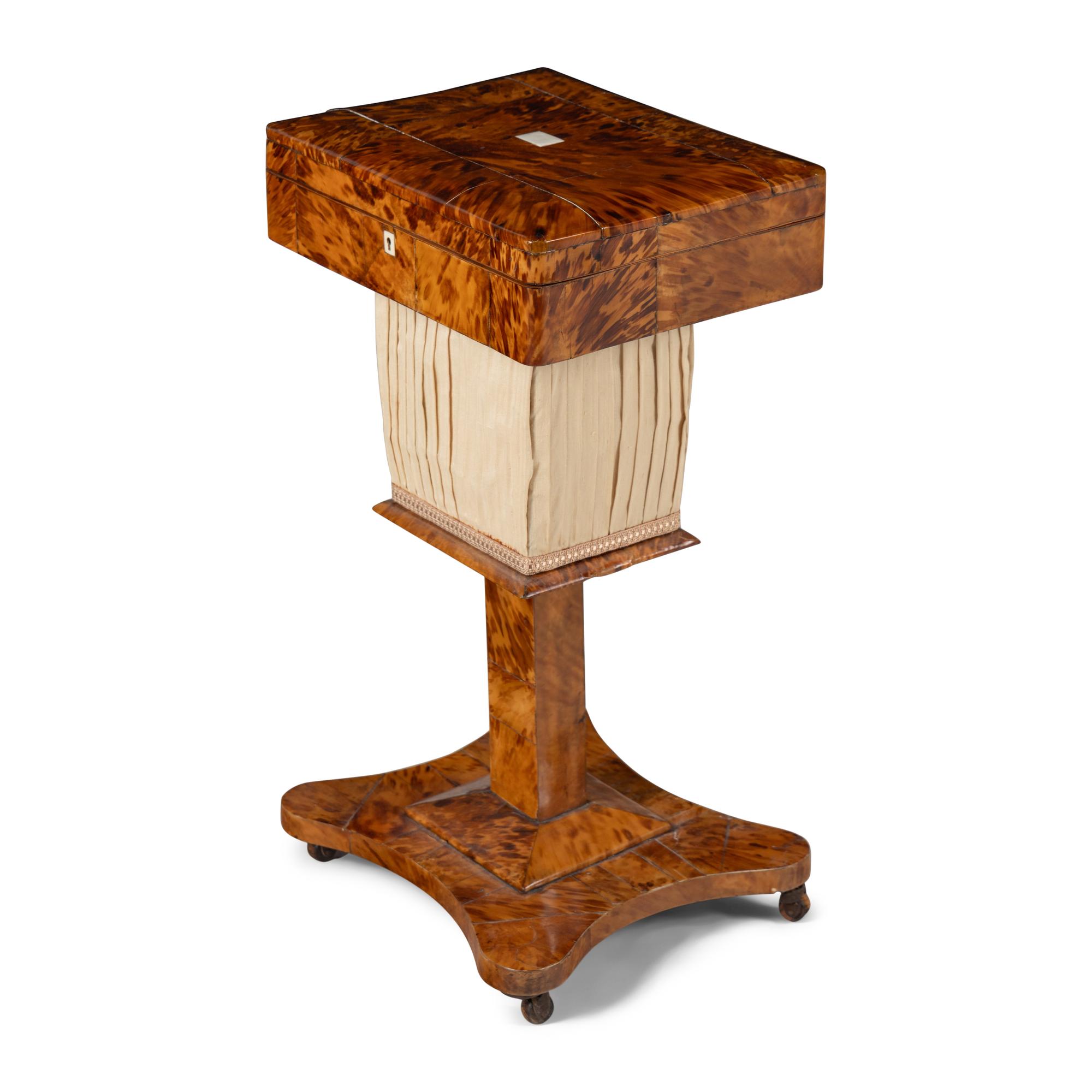 An English Tortoise Shell Veneered Needlework Box on Stand