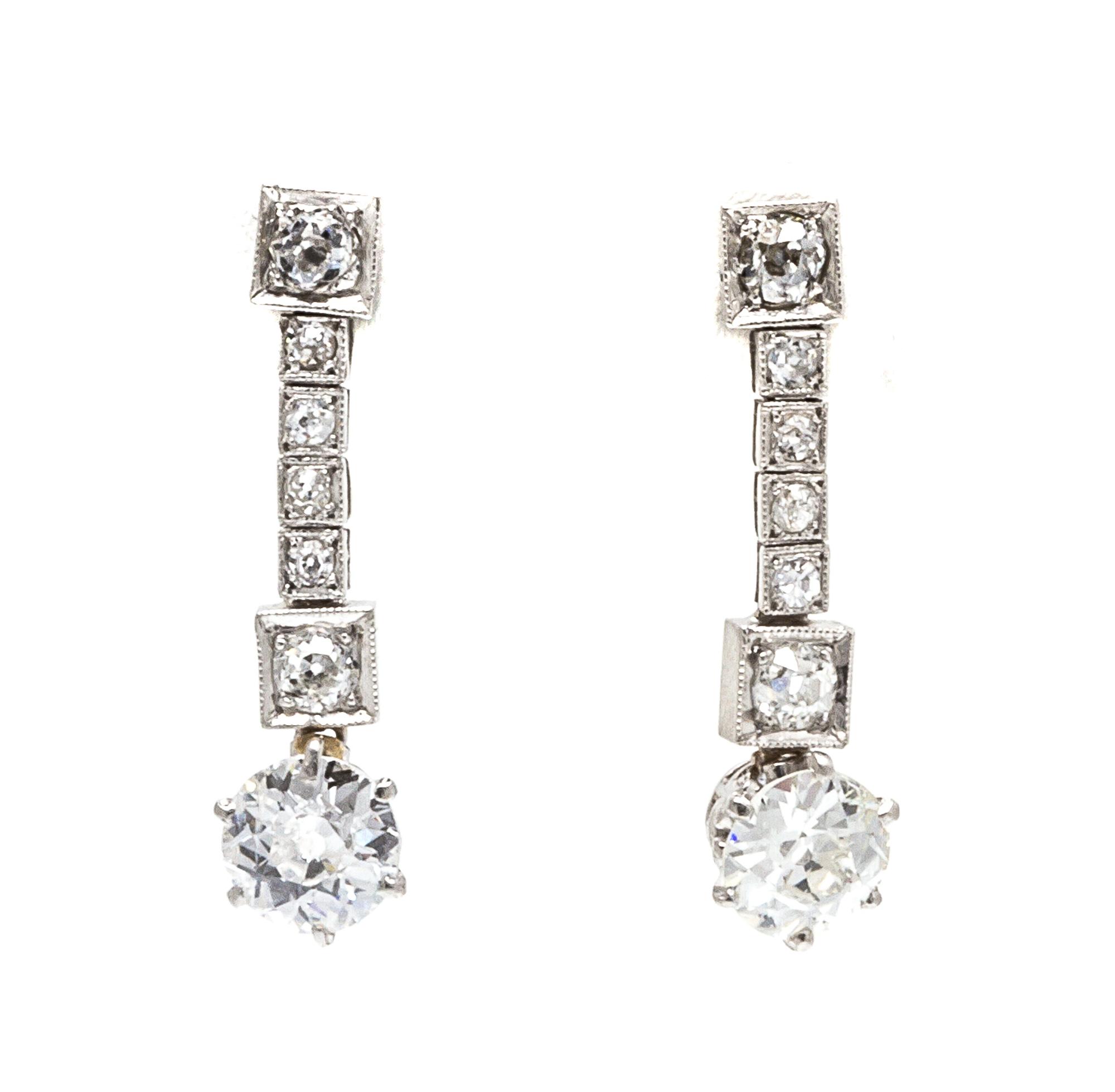 A Pair of Art Deco Platinum and Diamond Earrings, 2.60 dwts.