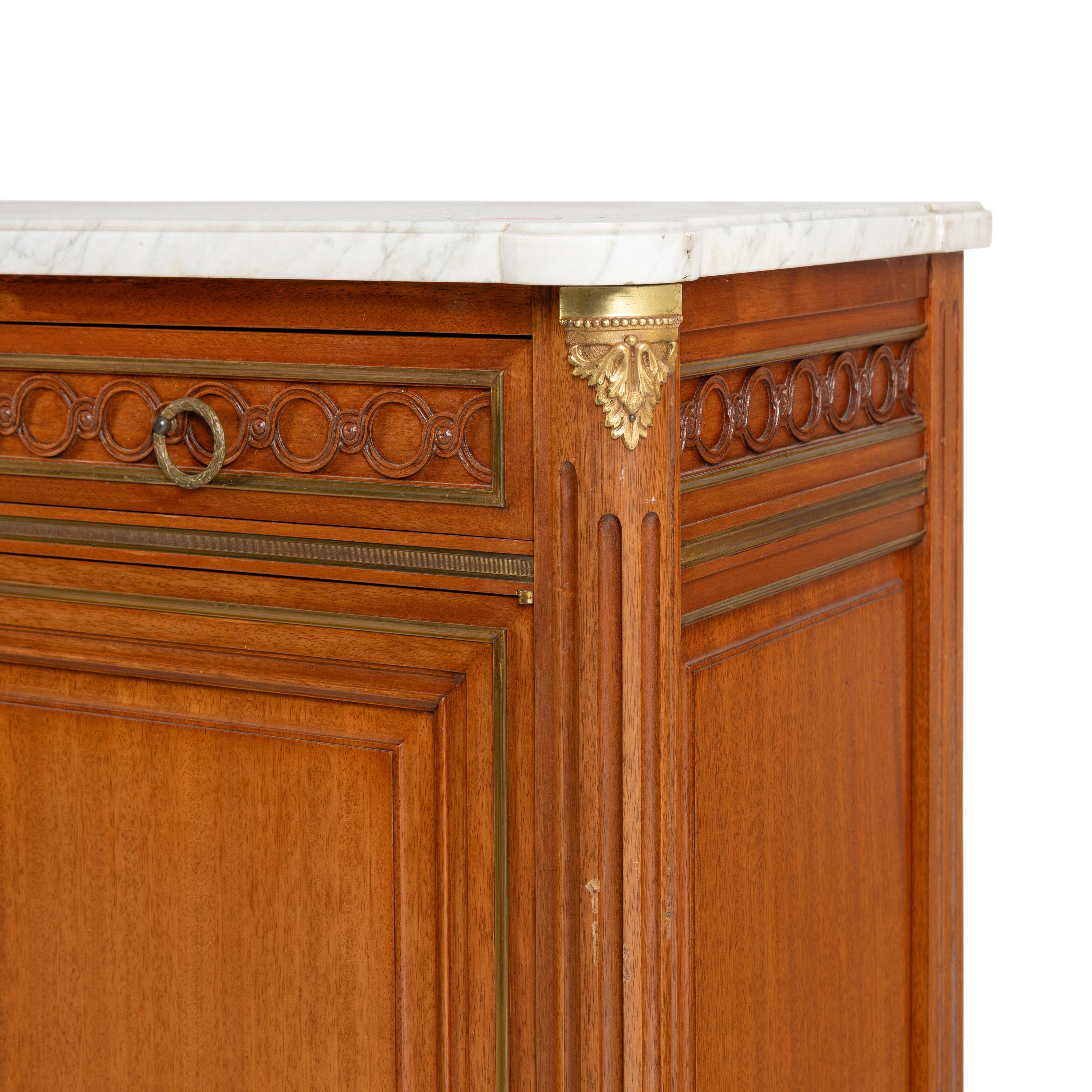 A Louis XVI Style Fruitwood Marble-Top Serving Cabinet