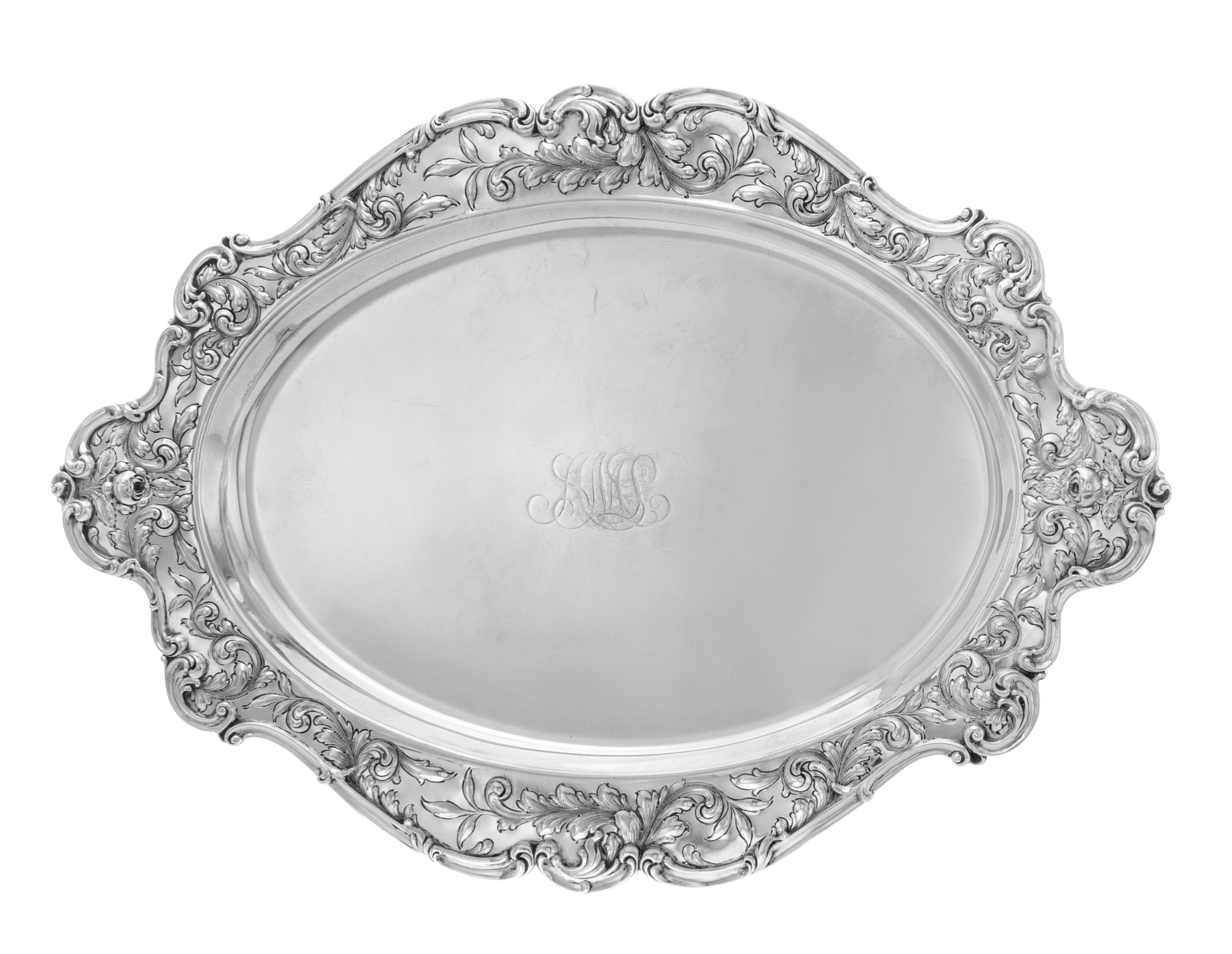 An American Silver Serving Tray, Gorham Mfg. Co., Providence, RI, 1902, the oval platter with an undulating rim decorated with repousse