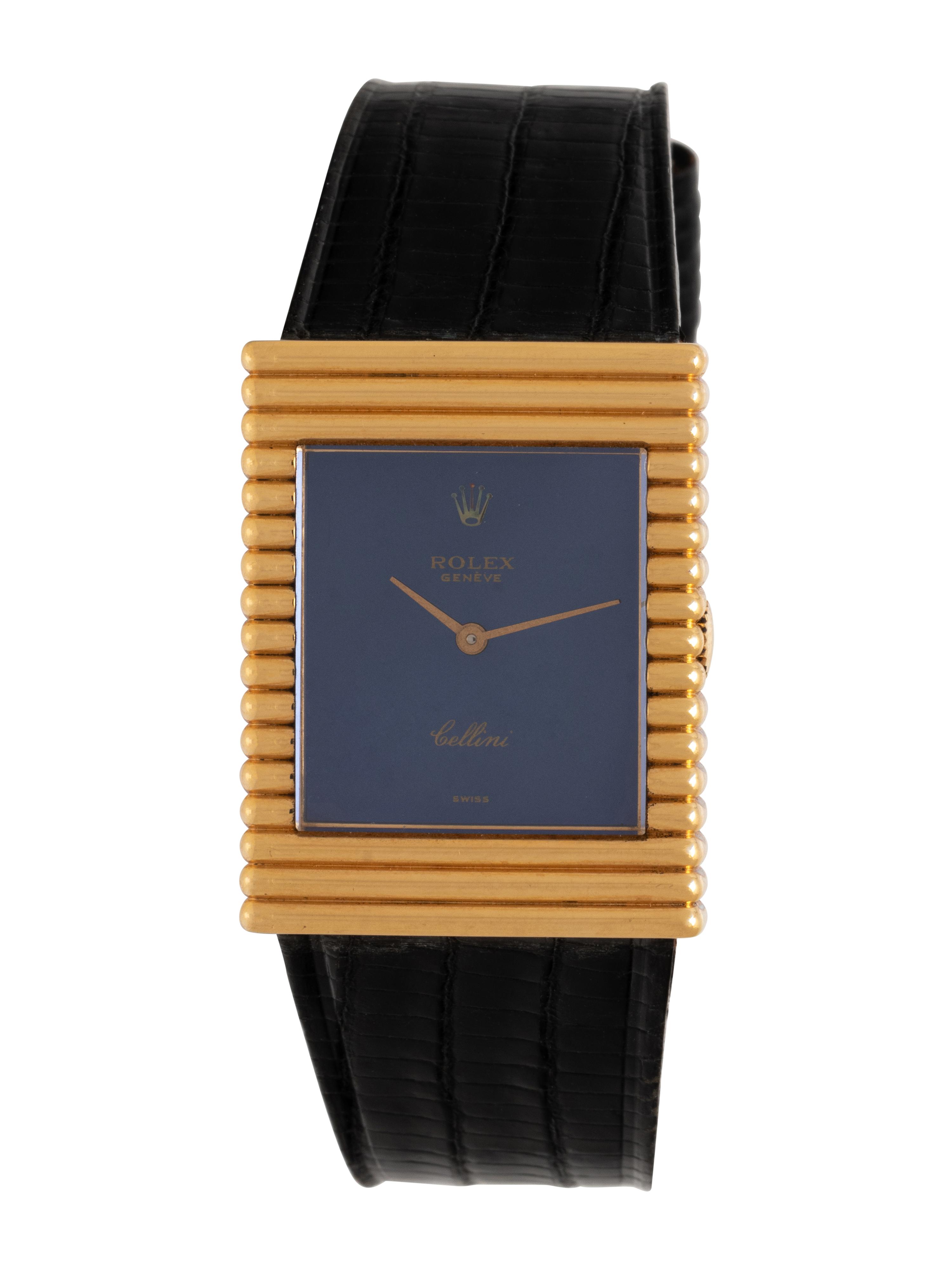 ROLEX, 18K YELLOW GOLD 'CELLINI' BLUE DIAL WATCH