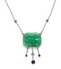 ANTIQUE, JADE, SAPPHIRE, DIAMOND AND SEED PEARL NECKLACE