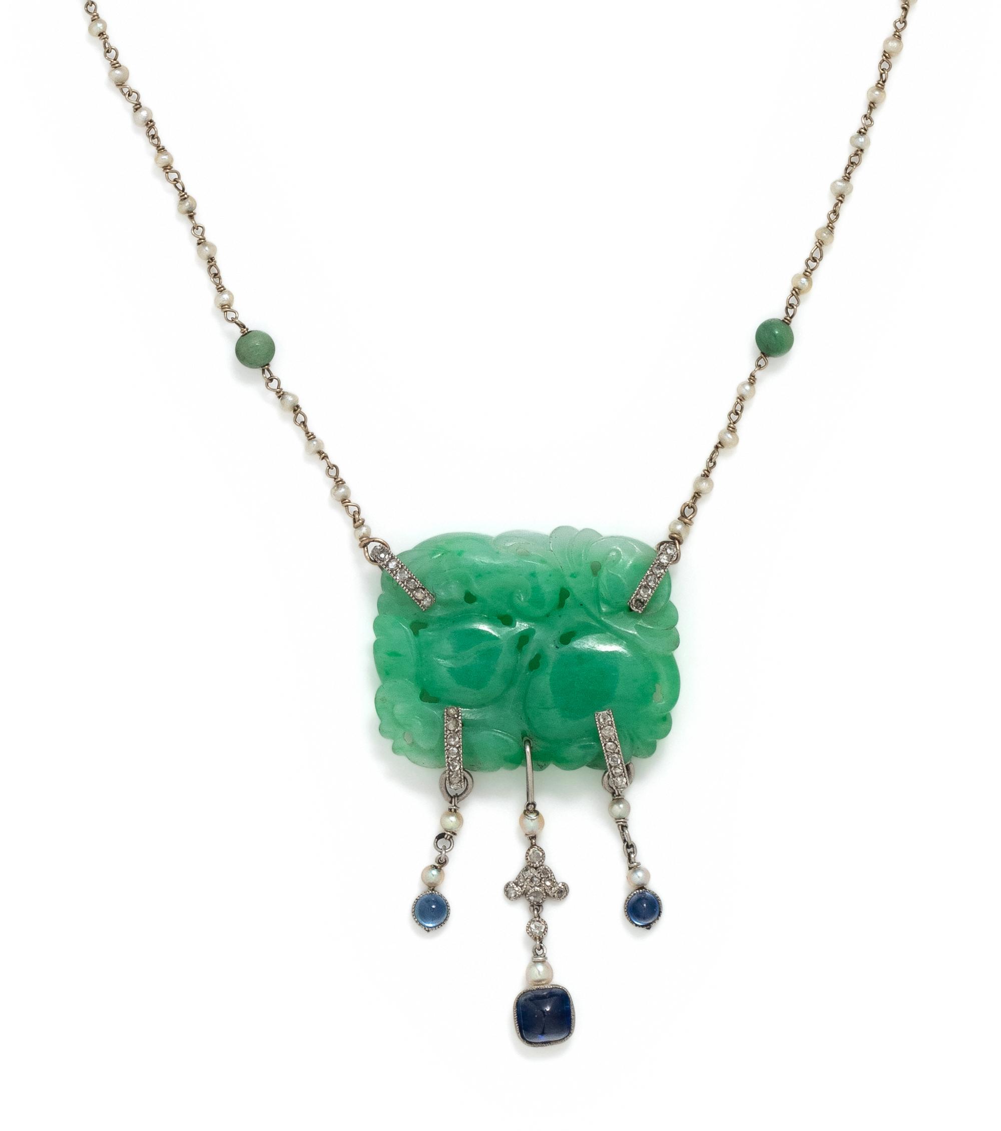 ANTIQUE, JADE, SAPPHIRE, DIAMOND AND SEED PEARL NECKLACE