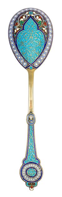 A Russian Silver-Gilt and Enamel Serving Spoon, Mark of Antip Kuzmichev, Moscow, late 19th/early 20th century, the handle and bowl inte