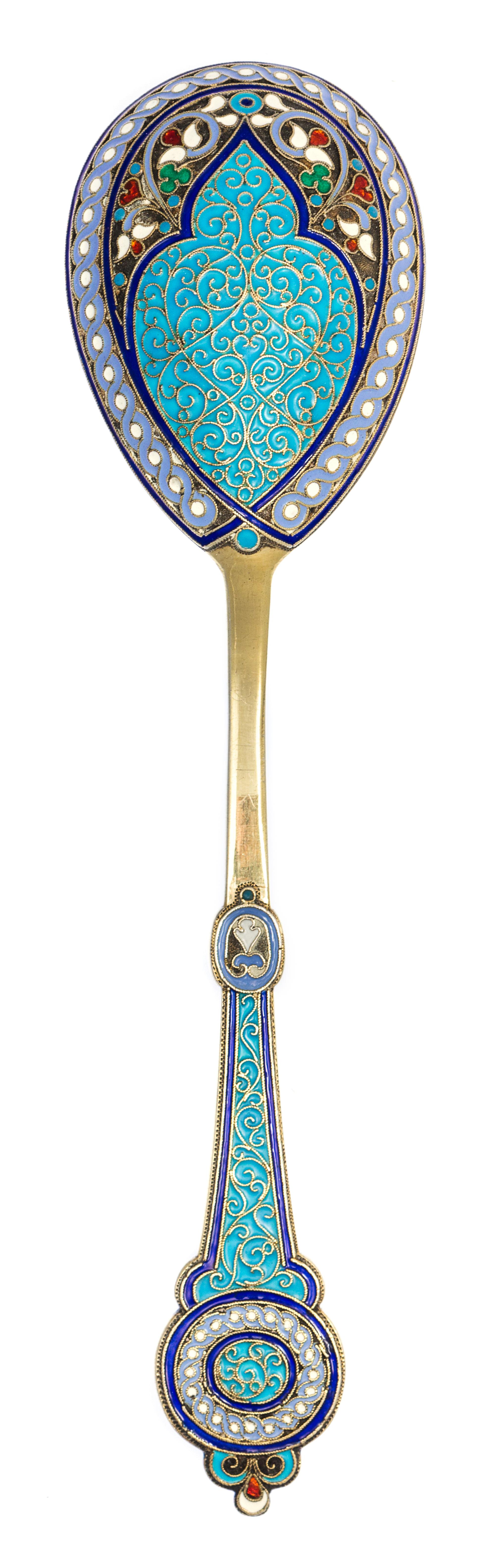 A Russian Silver-Gilt and Enamel Serving Spoon, Mark of Antip Kuzmichev, Moscow, late 19th/early 20th century, the handle and bowl inte