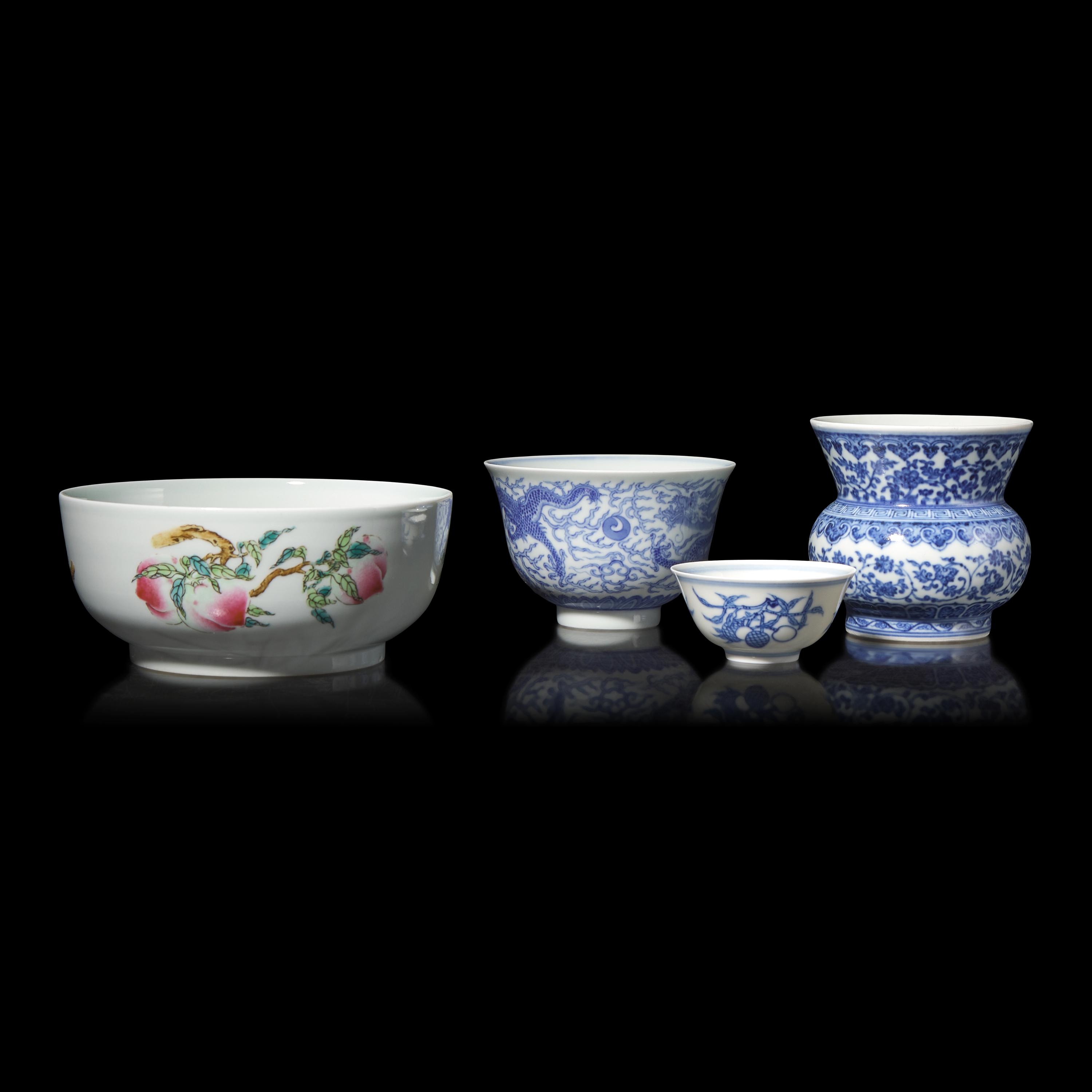 A Group of Four Chinese Enameled and Blue and White Porcelain Wares — 粉彩、青花瓷一組四件