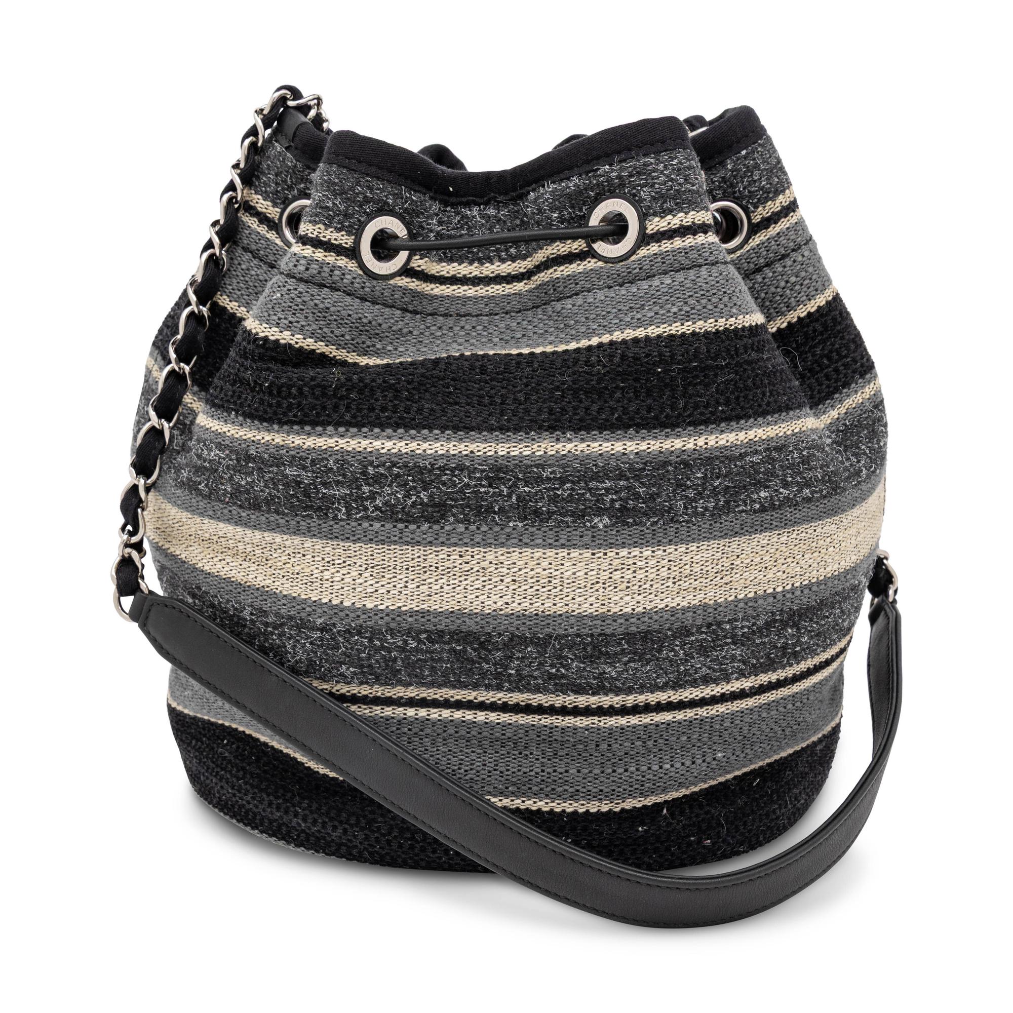 Chanel, Deauville Drawstring Bucket Bag in Striped Woven Canvas