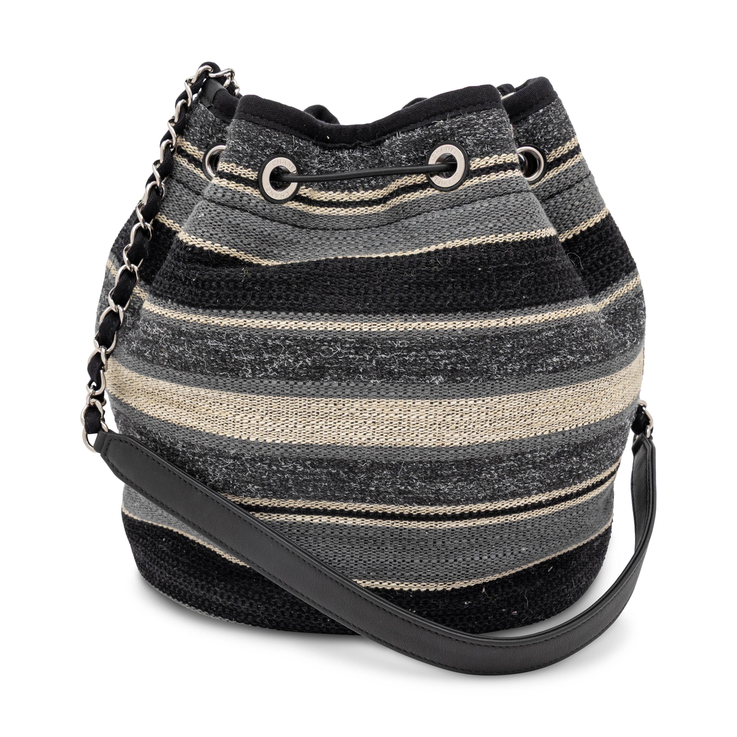 Chanel, Deauville Drawstring Bucket Bag in Striped Woven Canvas