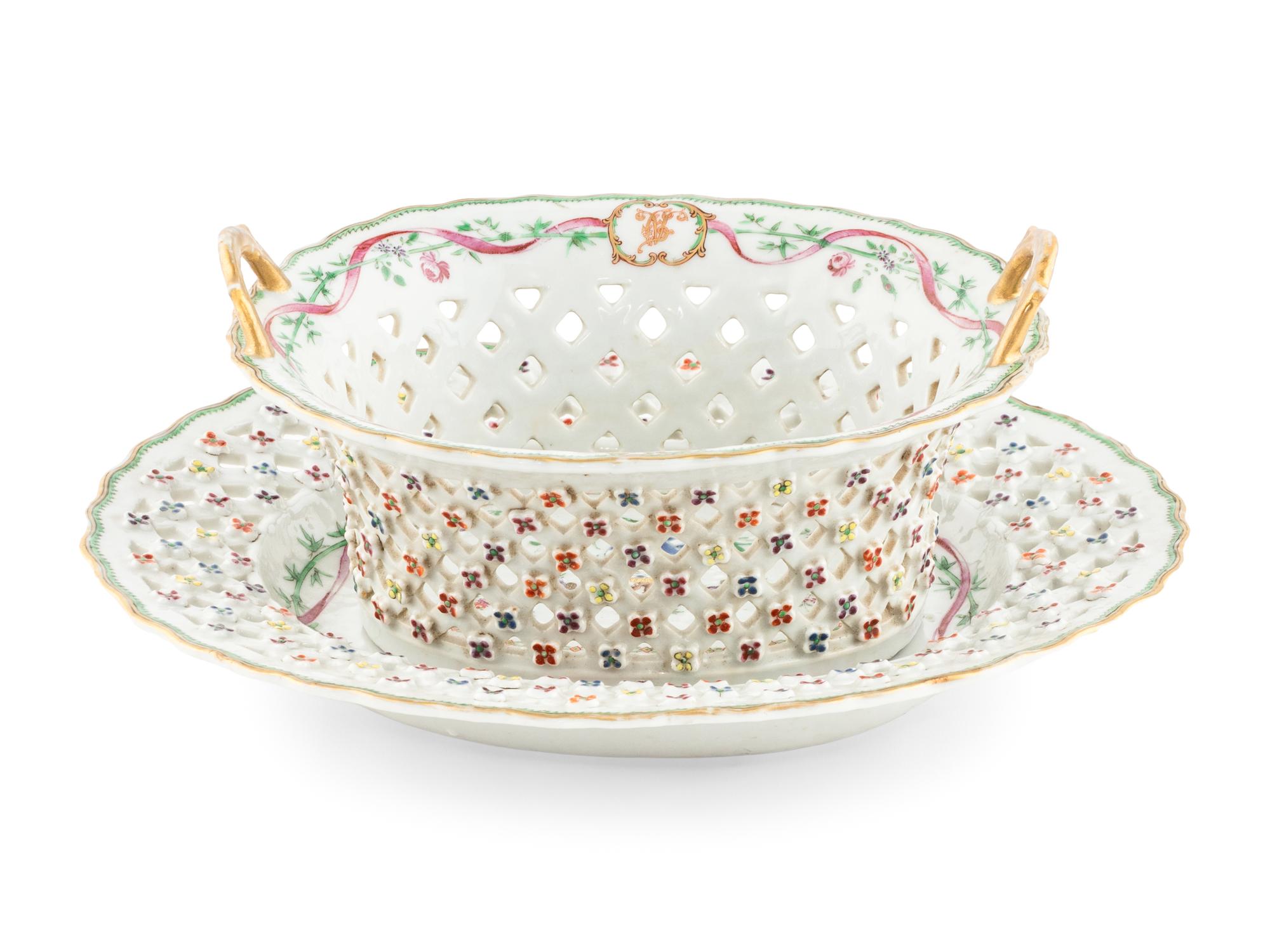 A Chinese Export Armorial Porcelain Reticulated Basket and Underplate
