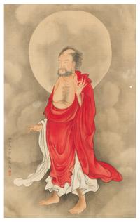 Attributed to Pu Ru After Pu Ru, (Chinese, 1896-1963), depicting a standing luohan figure, wearing draped robes.