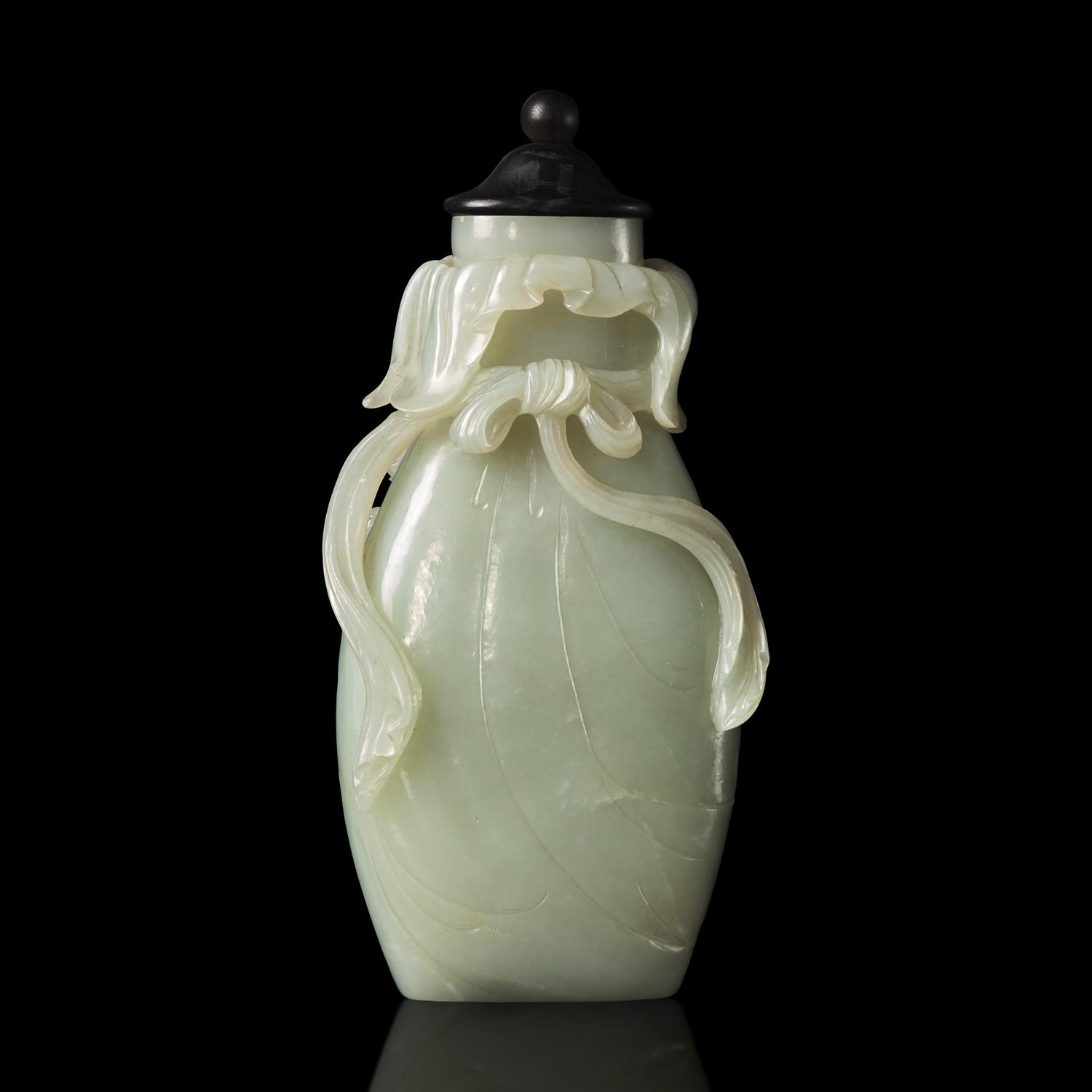 A Chinese Celadon Jade Bag-Form Vase with Later Cover, Qing Dynasty 清 青白玉包袱瓶