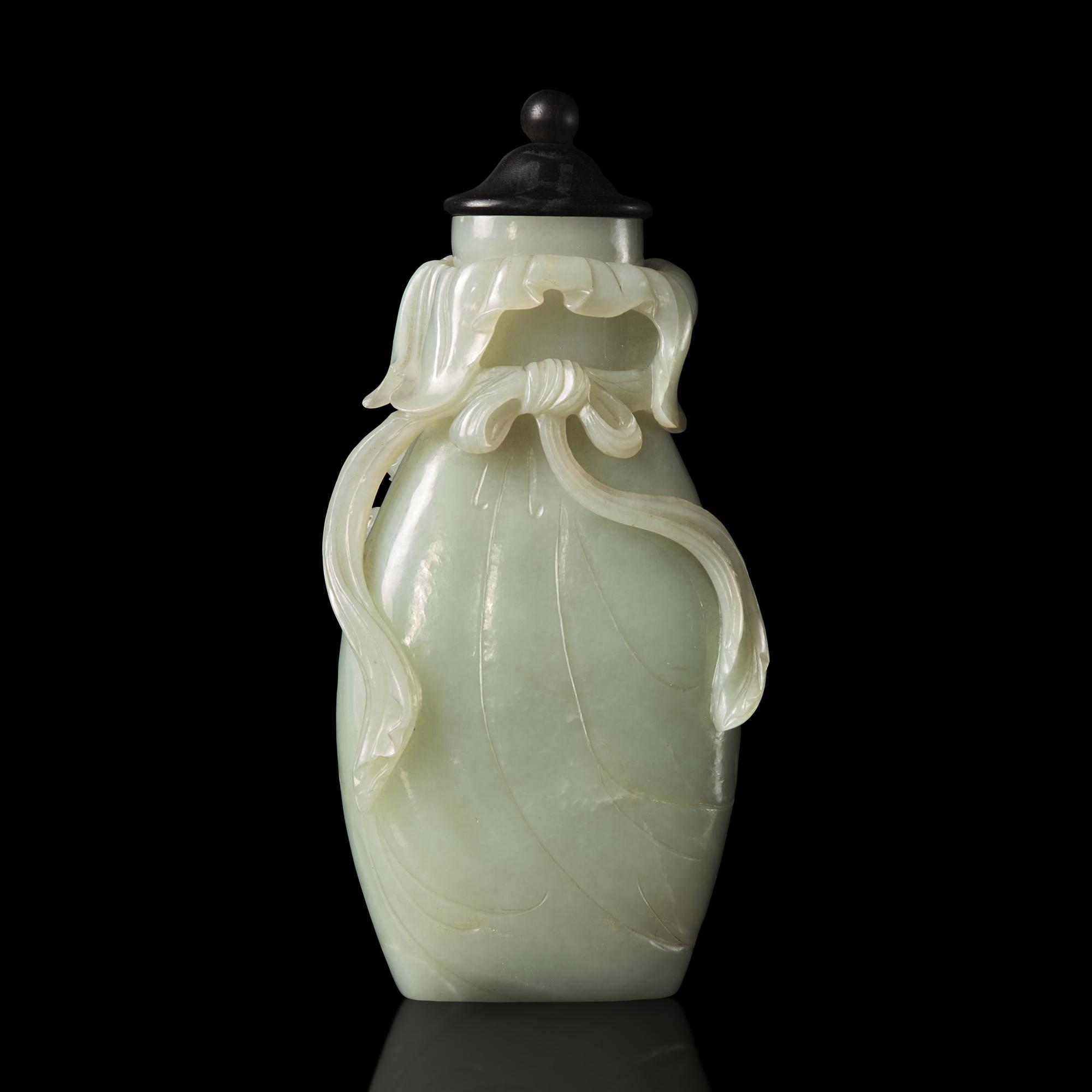 A Chinese Celadon Jade Bag-Form Vase with Later Cover, Qing Dynasty 清 青白玉包袱瓶