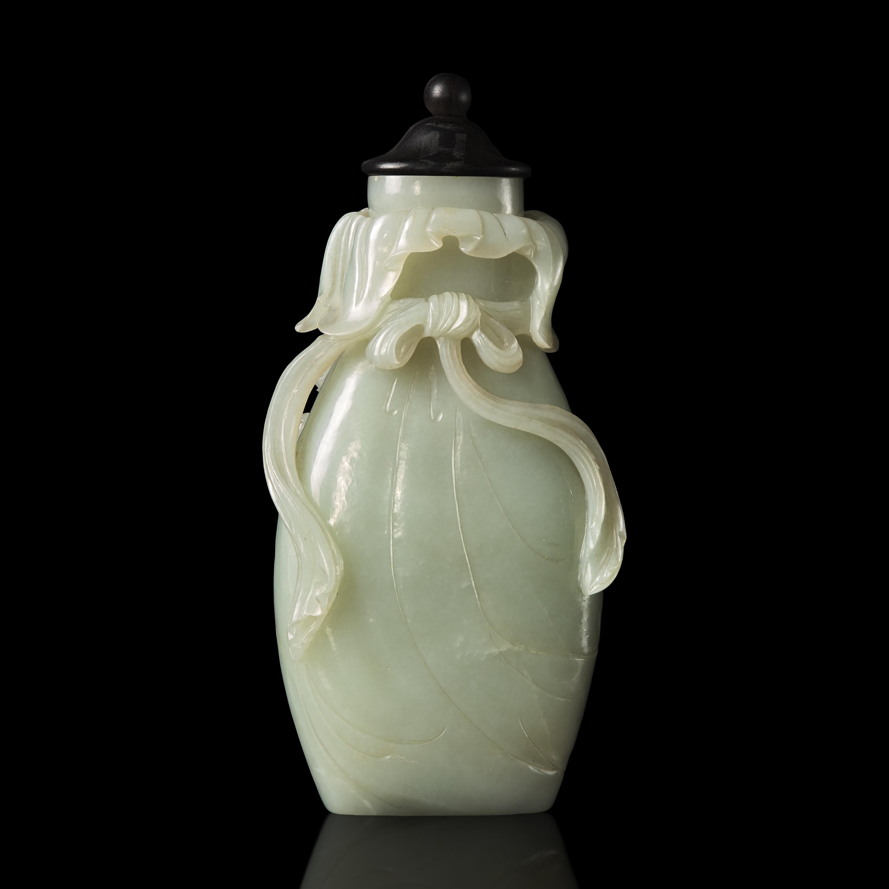 A Chinese Celadon Jade Bag-Form Vase with Later Cover, Qing Dynasty 清 青白玉包袱瓶