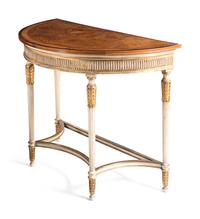 A Pair of George III Style Painted and Parcel Gilt Satinwood and Marquetry Demilune Console Tables