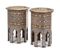 A Pair of Moorish Mother-of-Pearl Inlaid Side Tables Height 23 1/2 x width 16 1/4 x depth 16 1/4 inches.