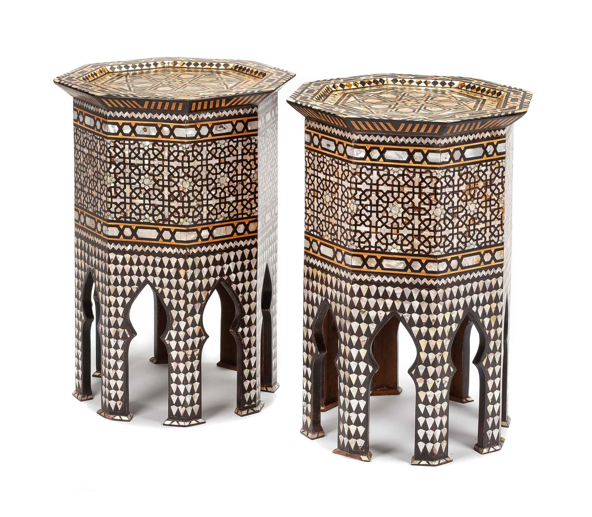 A Pair of Moorish Mother-of-Pearl Inlaid Side Tables Height 23 1/2 x width 16 1/4 x depth 16 1/4 inches.