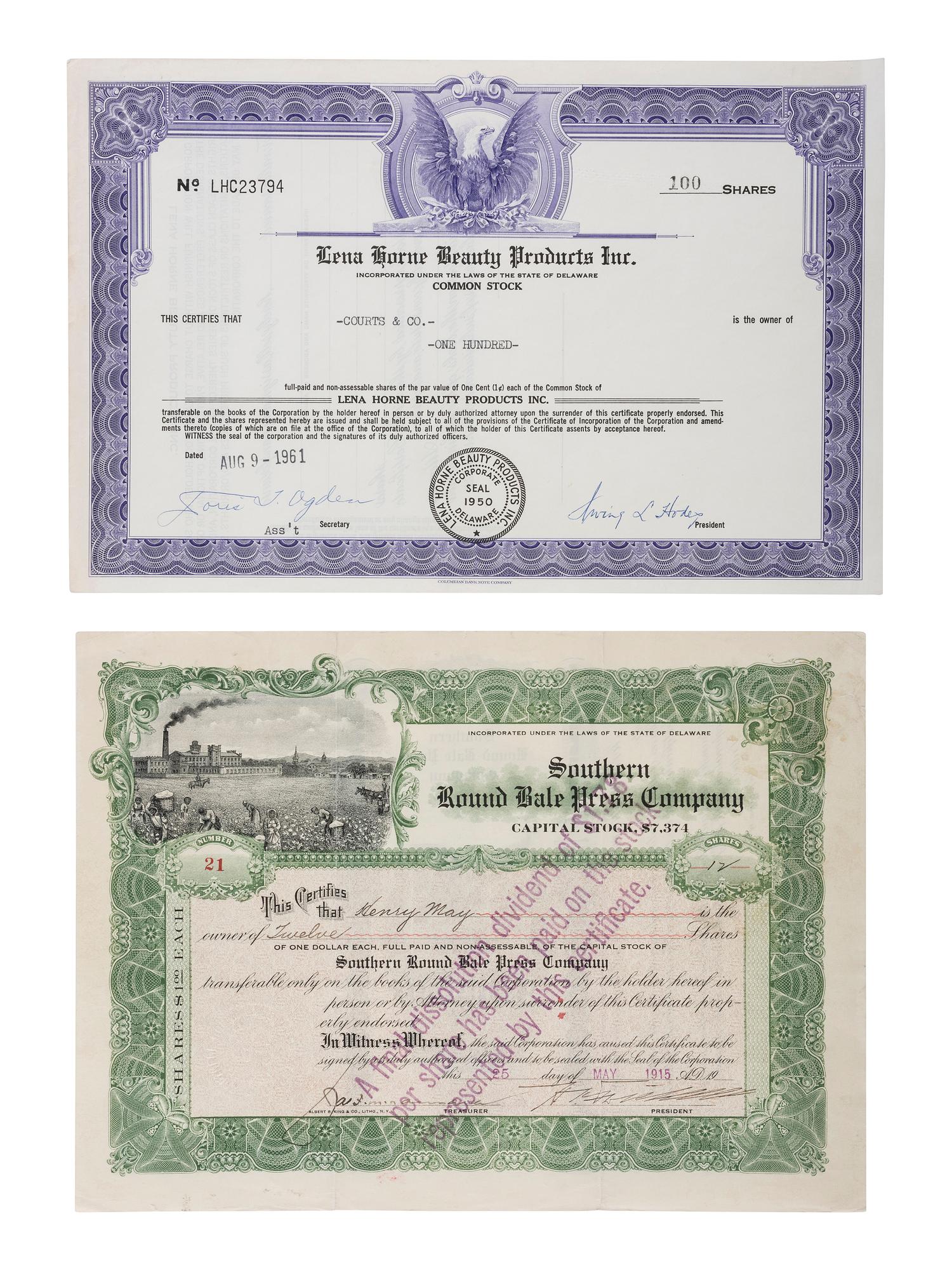 [AFRICAN AMERICANA]. A group of 4 stock certificates or bonds with African American subject matter, incl. stock in Lena Horne Beauty Products Inc.