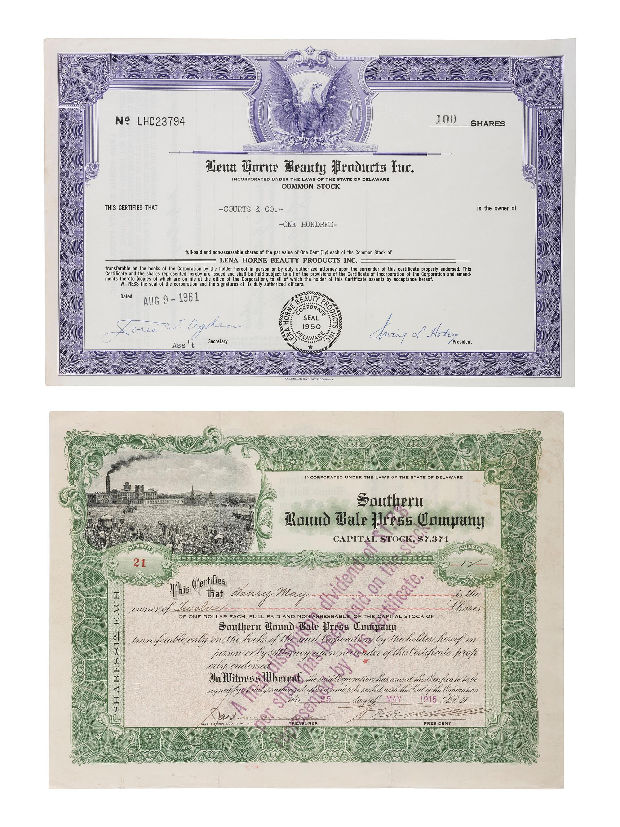 [AFRICAN AMERICANA]. A group of 4 stock certificates or bonds with African American subject matter, incl. stock in Lena Horne Beauty Products Inc.