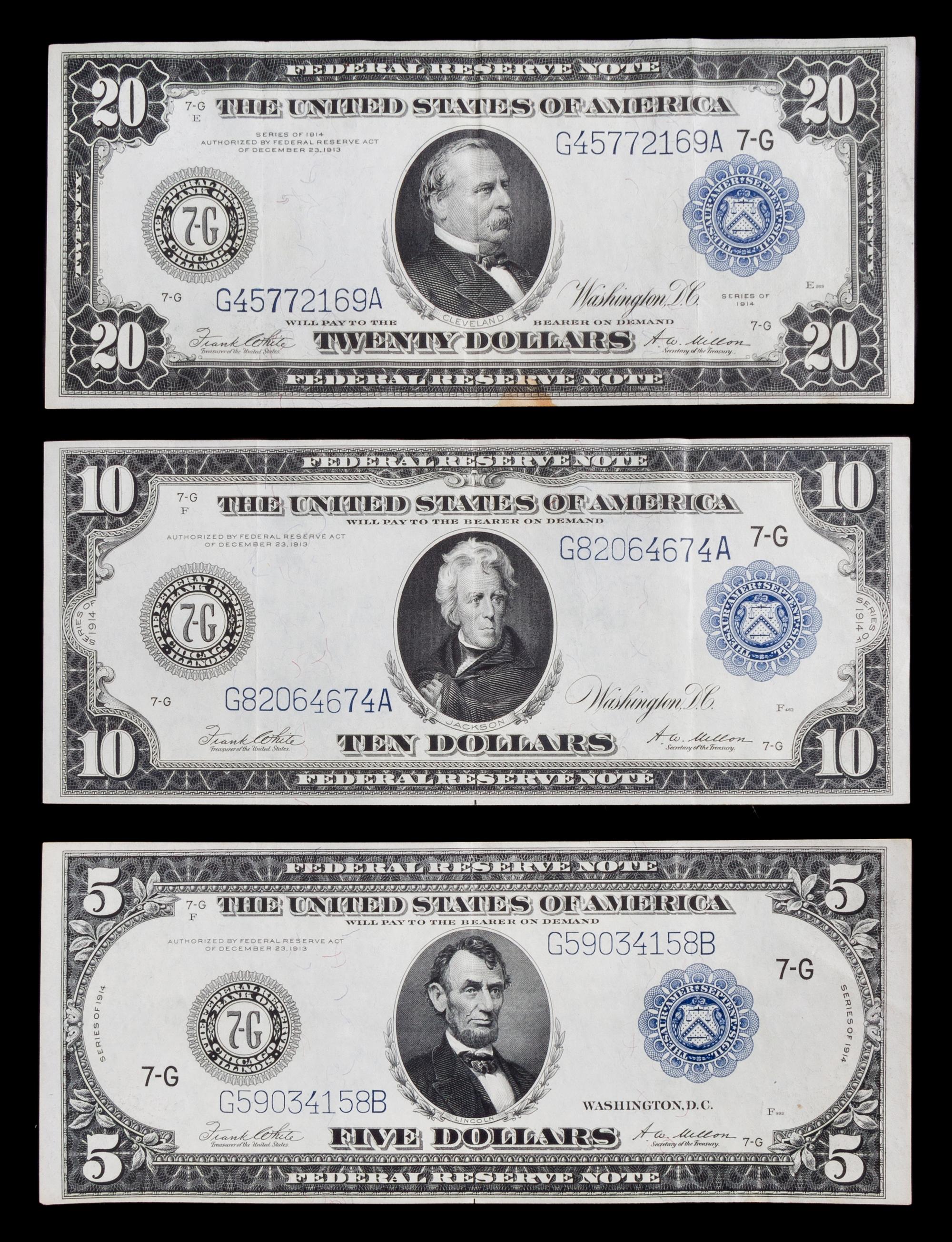 Three United States 1914-G Federal Reserve Notes