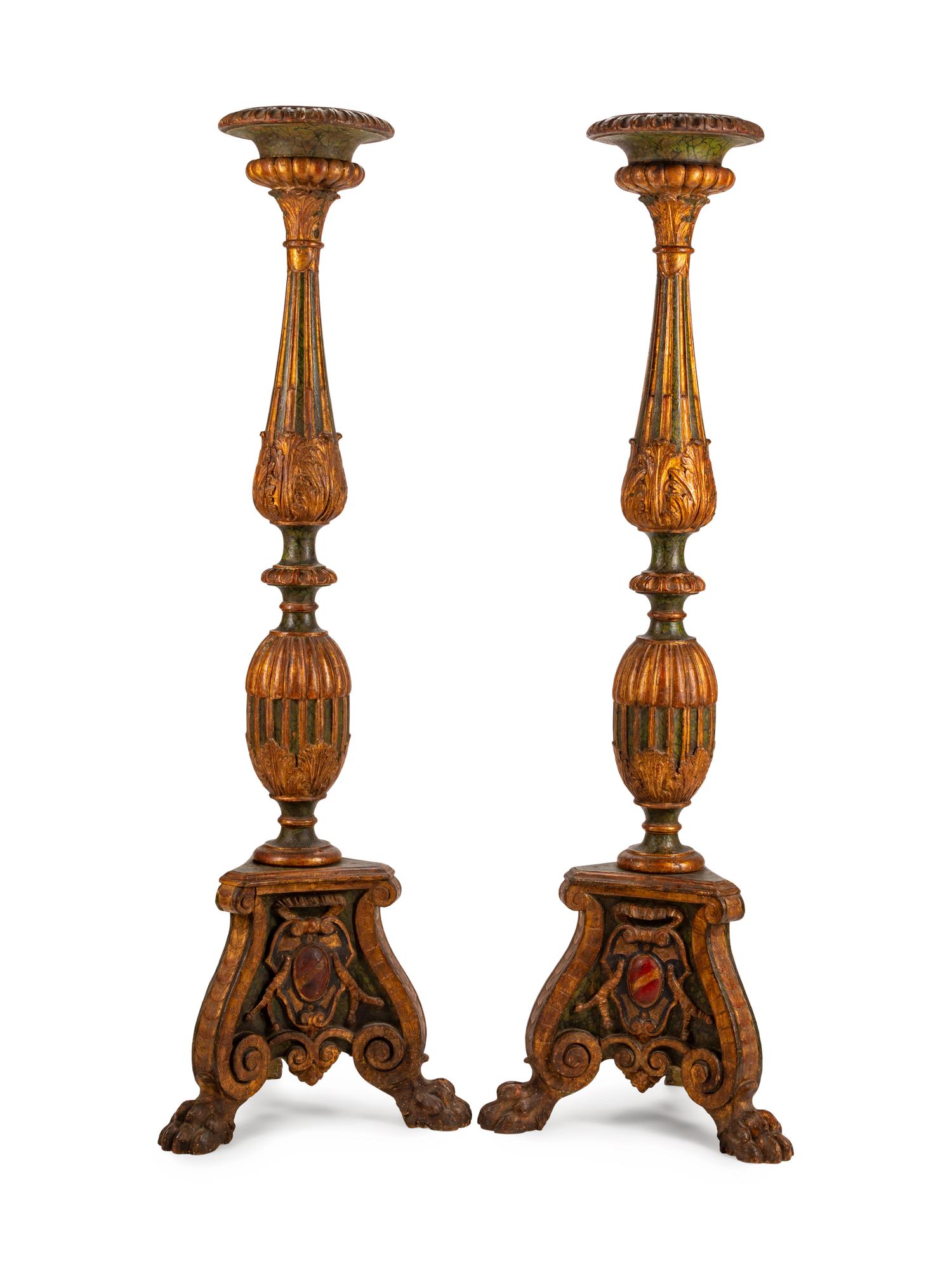 A Pair of Italian Parcel-Gilt and Painted Torcheres