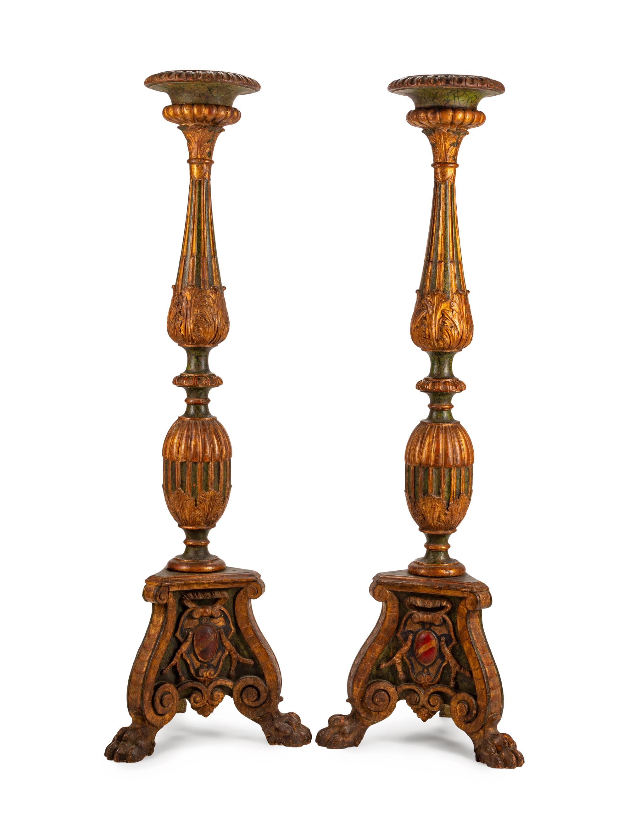A Pair of Italian Parcel-Gilt and Painted Torcheres