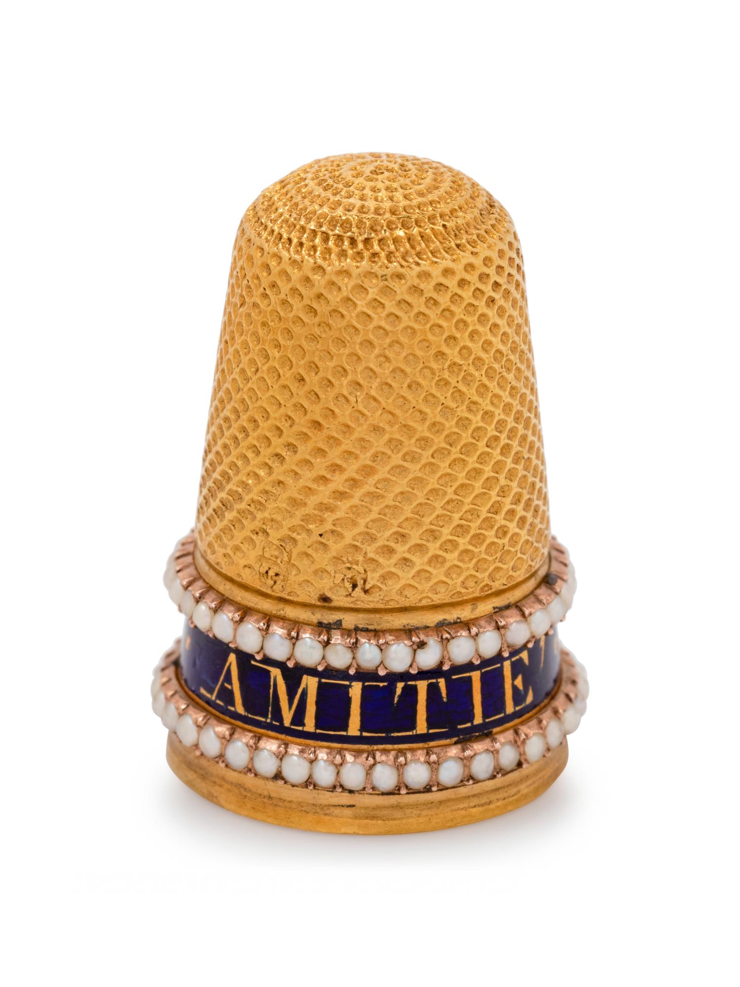 A Georgian Yellow Gold, Enamel and Pearl-Inset 'Mourning' Thimble