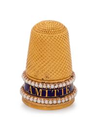 A Georgian Yellow Gold, Enamel and Pearl-Inset 'Mourning' Thimble