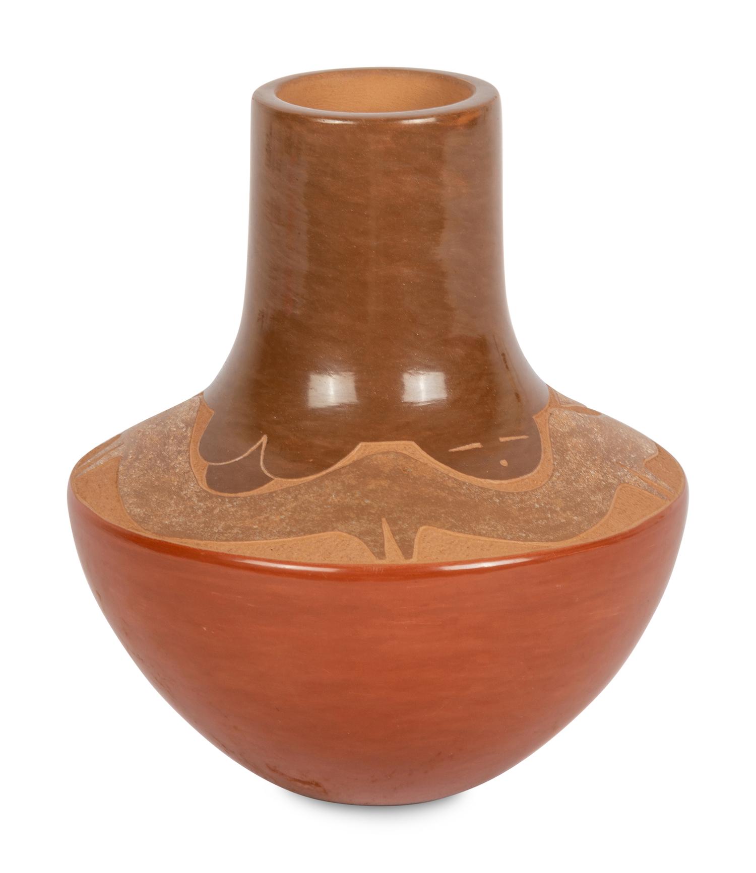 Red and Sienna Pottery Vase, with Avanyu and Turquoise Cabochon