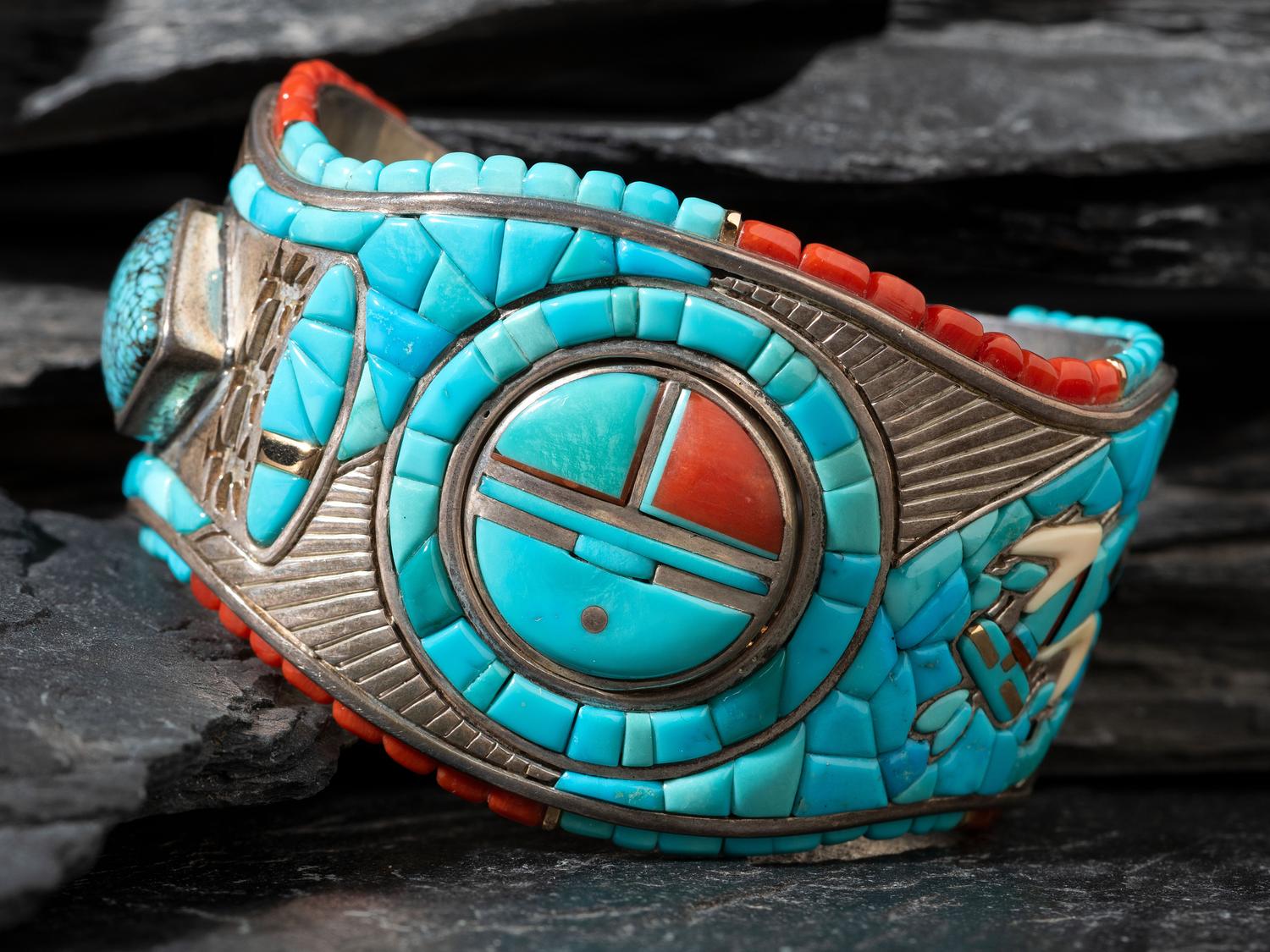 Silver and Mosaic Inlay Cuff Bracelet, with Swivel Stone
