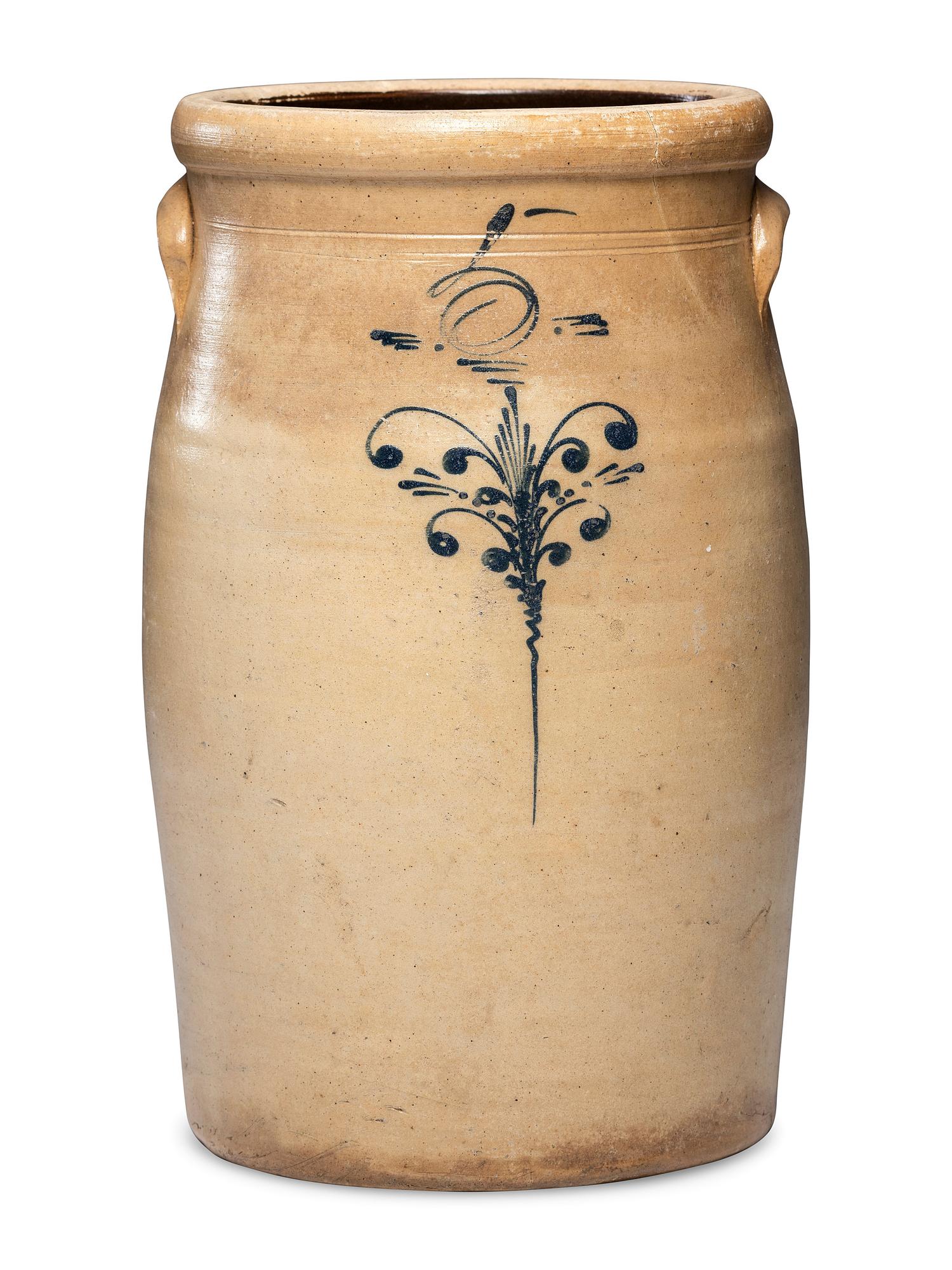 An O. O. Wright, Daniel Upson, and Edgar Chapman Five-Gallon Cobalt Decorated Stoneware Churn