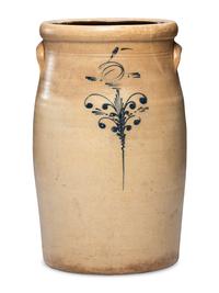 An O. O. Wright, Daniel Upson, and Edgar Chapman Five-Gallon Cobalt Decorated Stoneware Churn