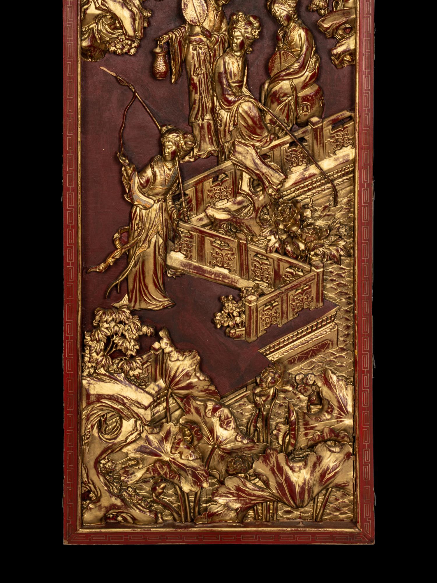Two Pairs of Chinese Gilt and Red Lacquered Wood Panels