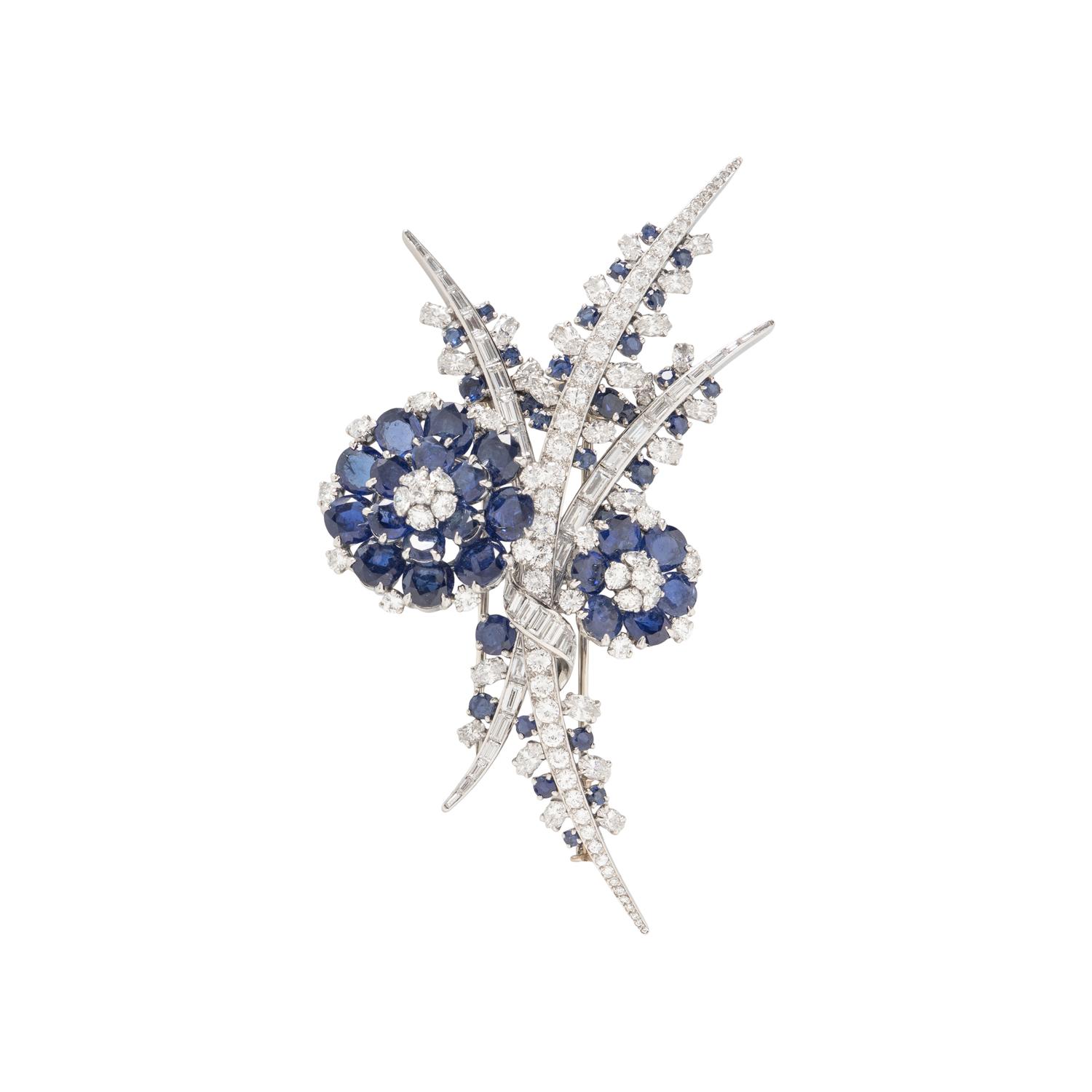 FRENCH, DIAMOND AND SAPPHIRE FLOWER BROOCH