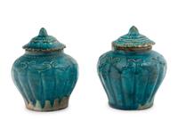 A Pair of Chinese Turquoise Glazed Stoneware Covered Jars