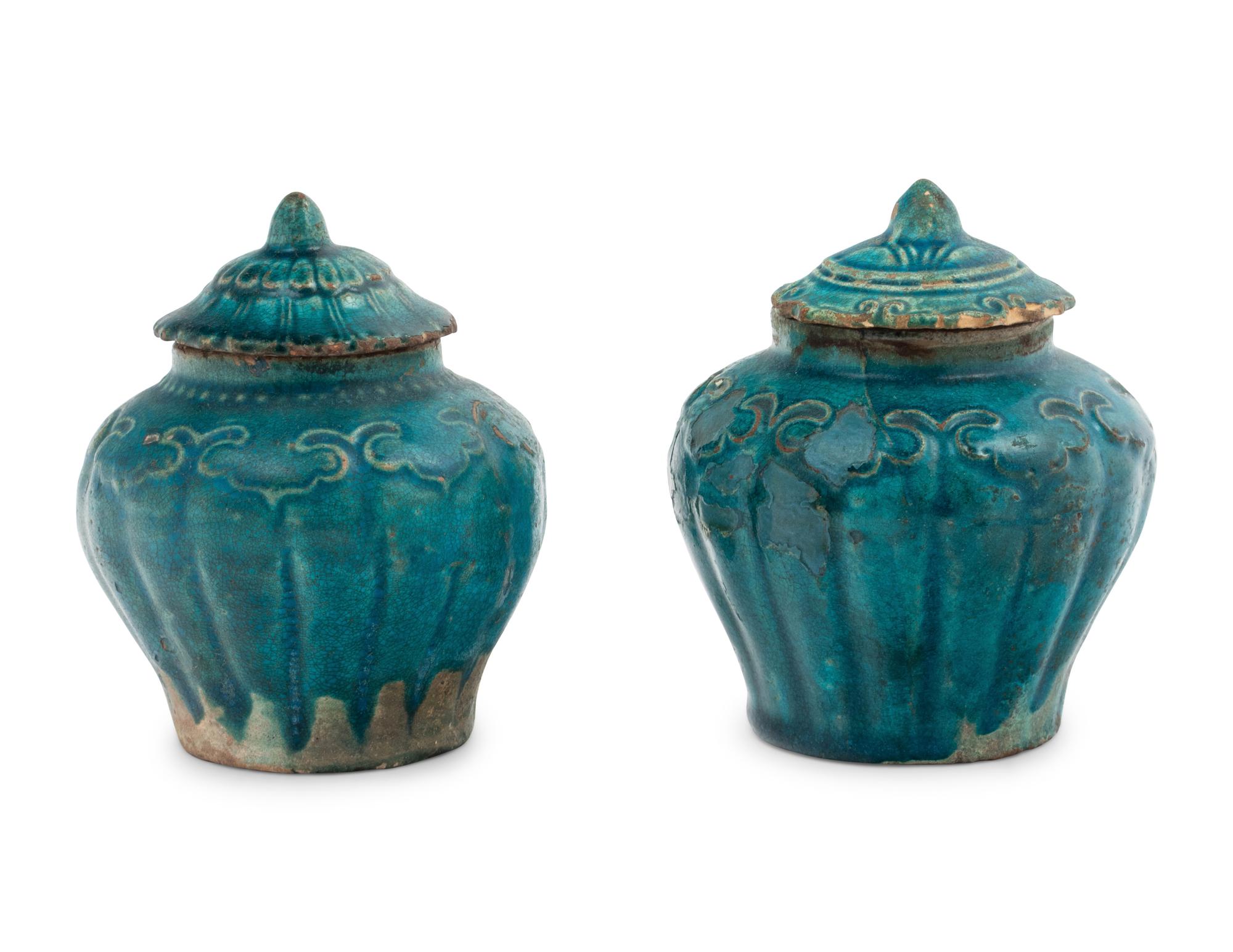 A Pair of Chinese Turquoise Glazed Stoneware Covered Jars