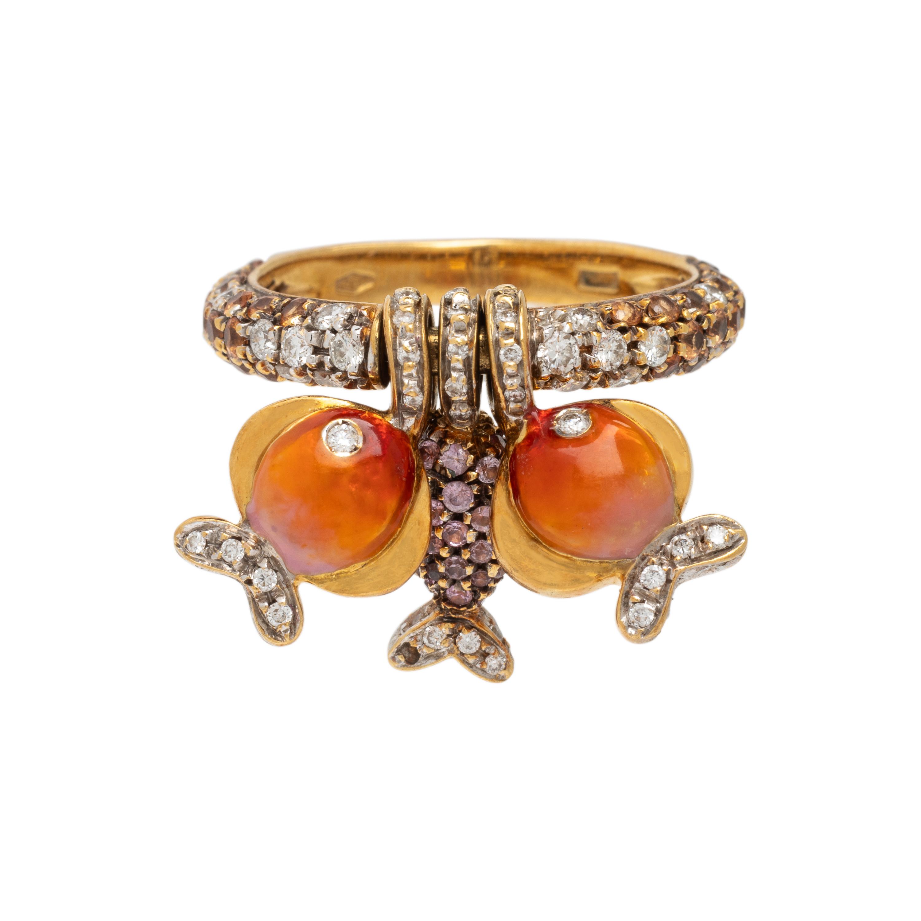 Enamel, Diamond, and Yellow Gold Fish Charm Ring