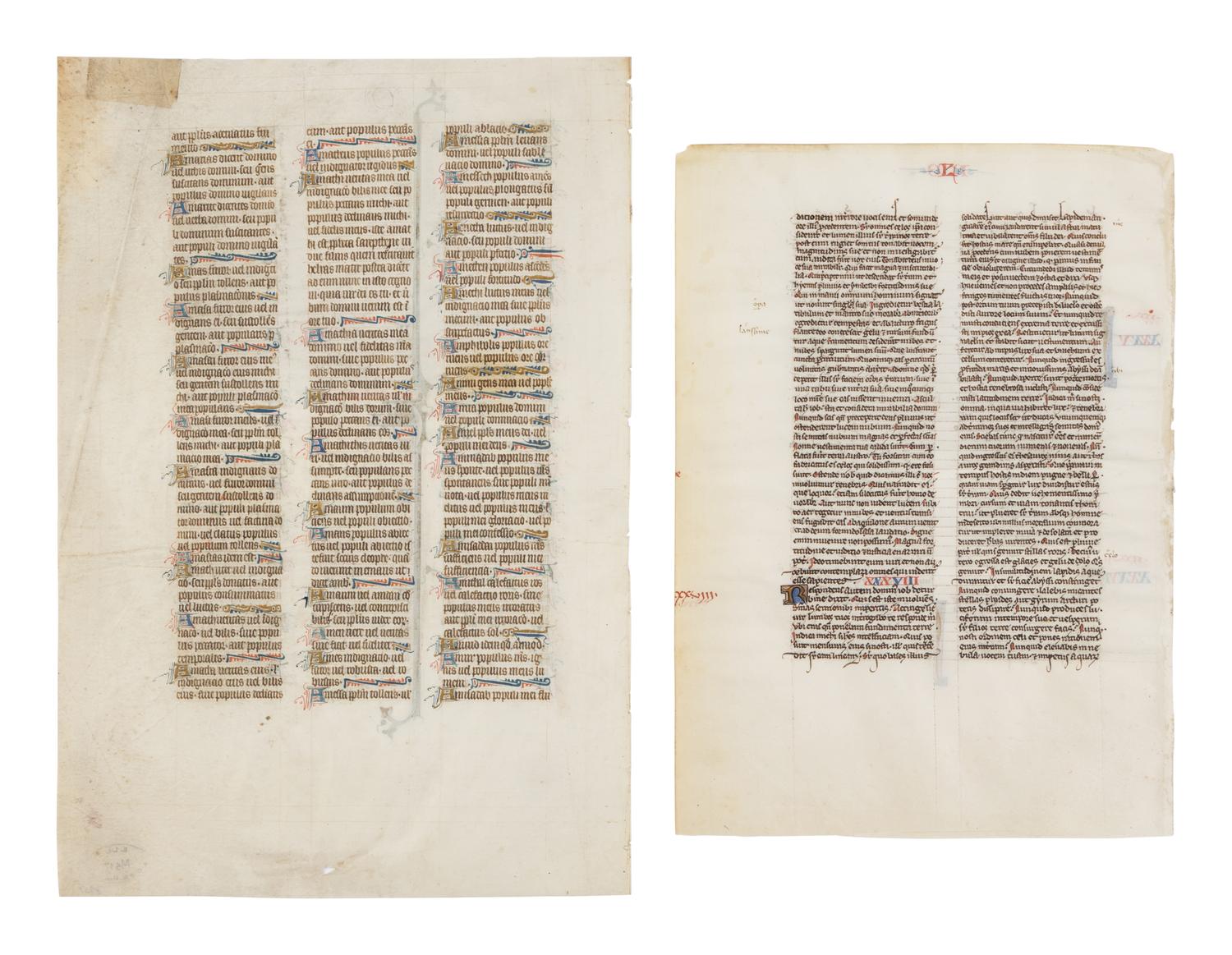 PARISIAN WORKSHOPS Two Bible leaves, one from the St. Alban's Bible, with illuminated initials, in Latin, illuminated manuscript on parchment [France, Paris, c. 1250 & c. 1320s-1330s]