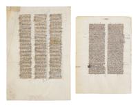 PARISIAN WORKSHOPS Two Bible leaves, one from the St. Alban's Bible, with illuminated initials, in Latin, illuminated manuscript on parchment [France, Paris, c. 1250 & c. 1320s-1330s]