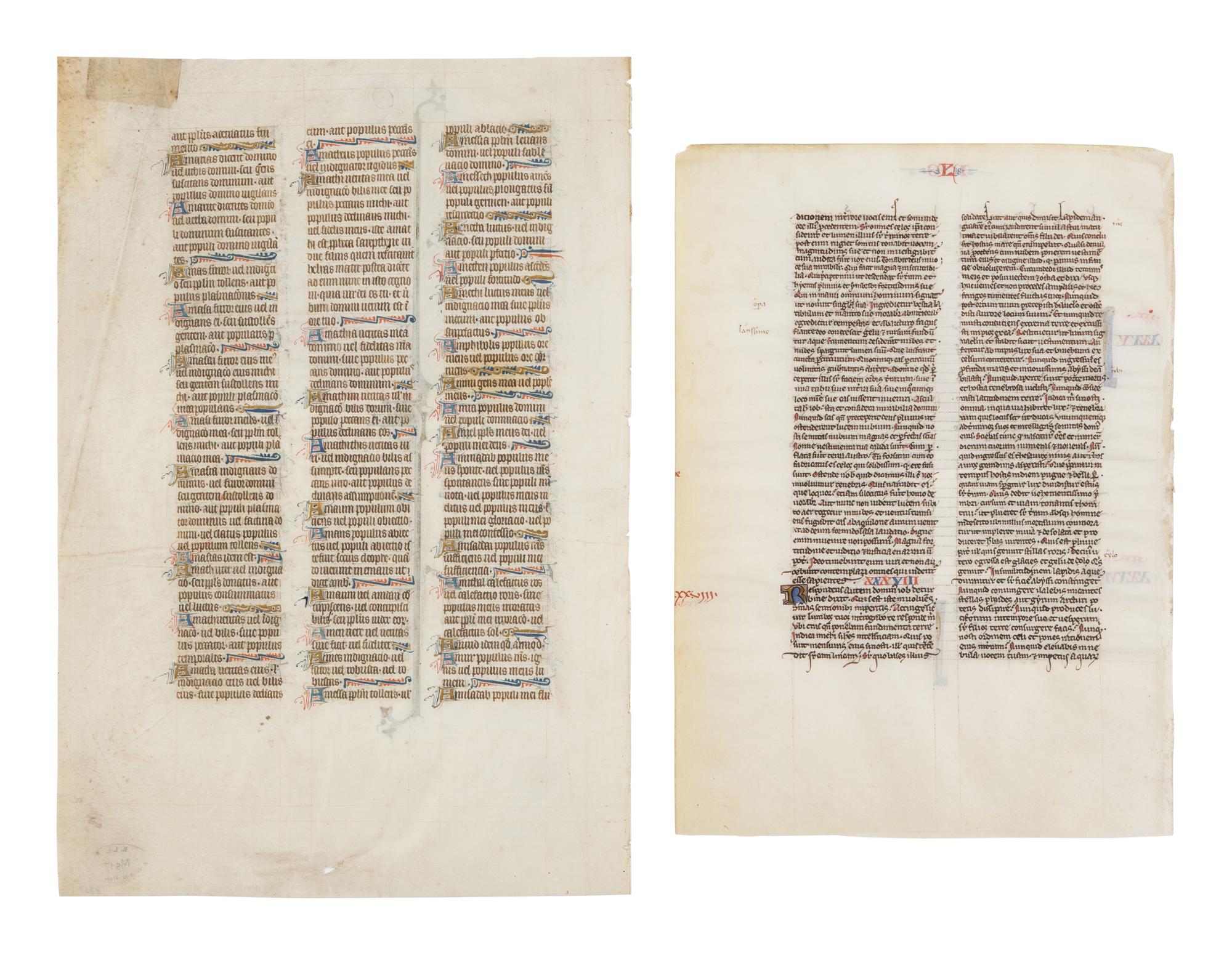 PARISIAN WORKSHOPS Two Bible leaves, one from the St. Alban's Bible, with illuminated initials, in Latin, illuminated manuscript on parchment [France, Paris, c. 1250 & c. 1320s-1330s]