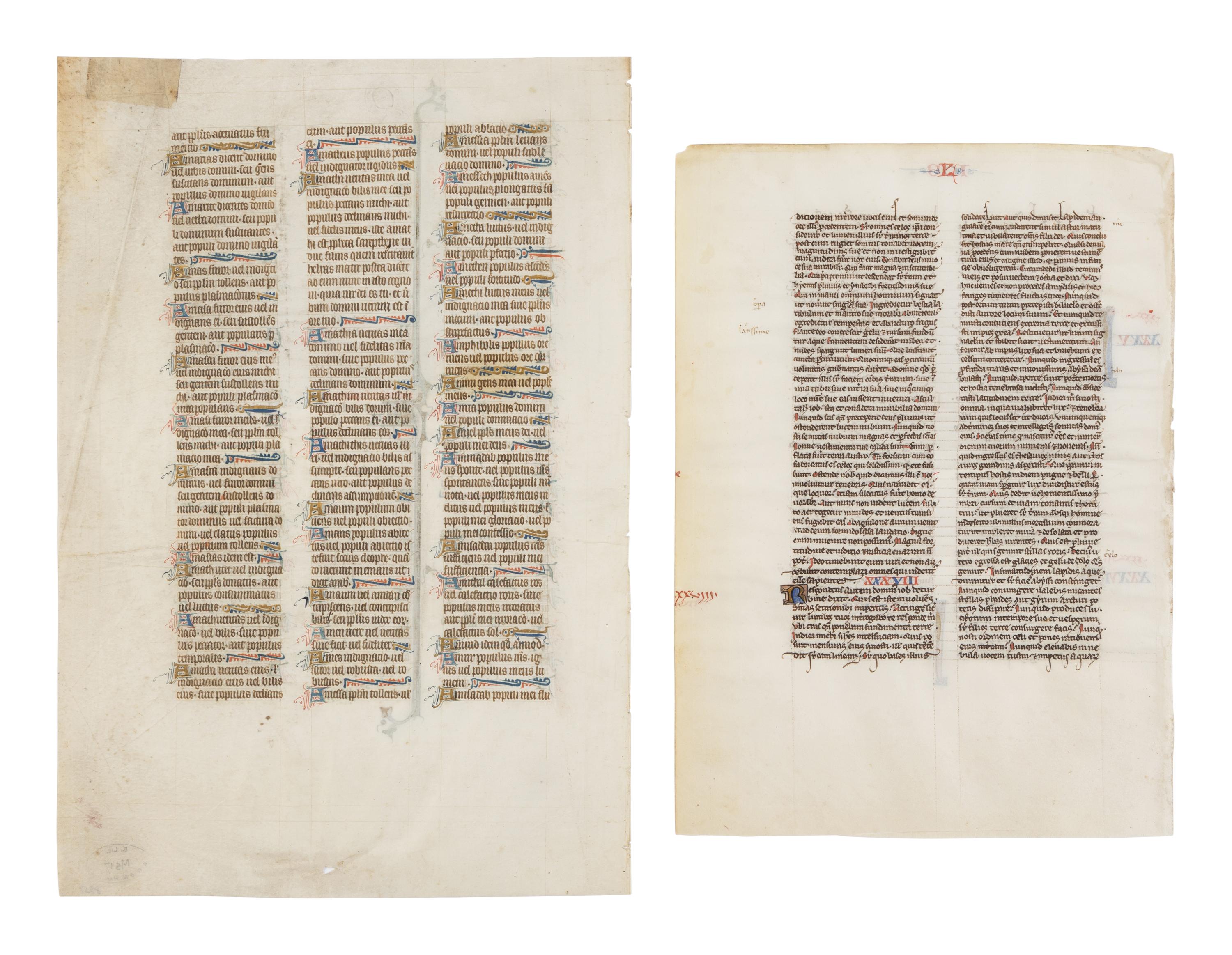 PARISIAN WORKSHOPS Two Bible leaves, one from the St. Alban's Bible, with illuminated initials, in Latin, illuminated manuscript on parchment [France, Paris, c. 1250 & c. 1320s-1330s]