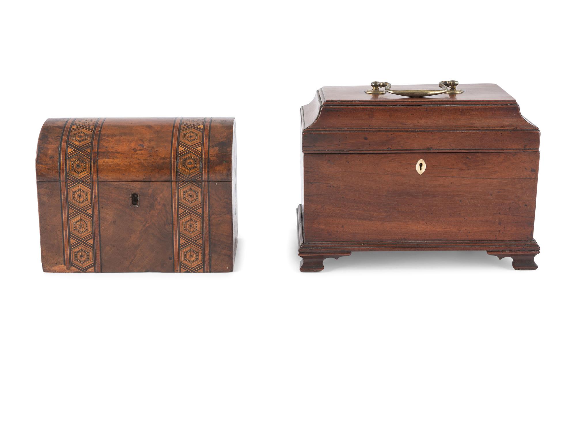 Four English Mahogany Inlaid Tea Caddies
