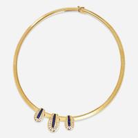 A 14K Yellow Gold, Diamond, and Sapphire Omega Slider Necklace
