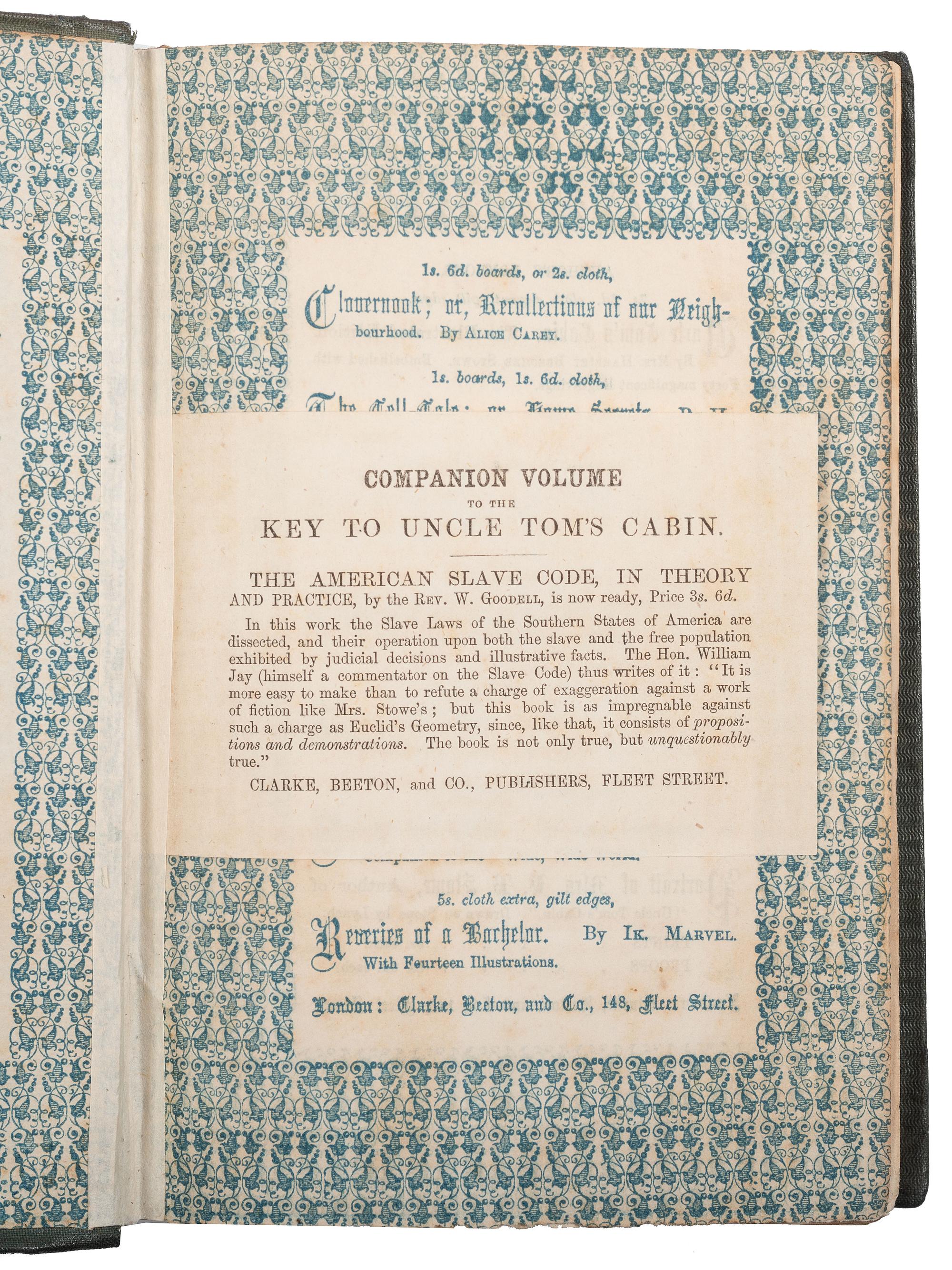 STOWE, Harriet Beecher (1811-1896). A group of 3 very early English editions of Uncle Tom's Cabin. [ With :] The Key to Uncle Tom's Cabin.