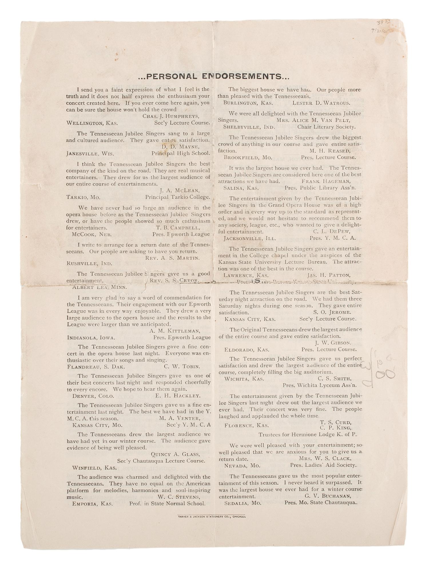 [MUSIC]. A group of tickets, handbills, and programs from the Fisk Jubilee Singers, comprising: