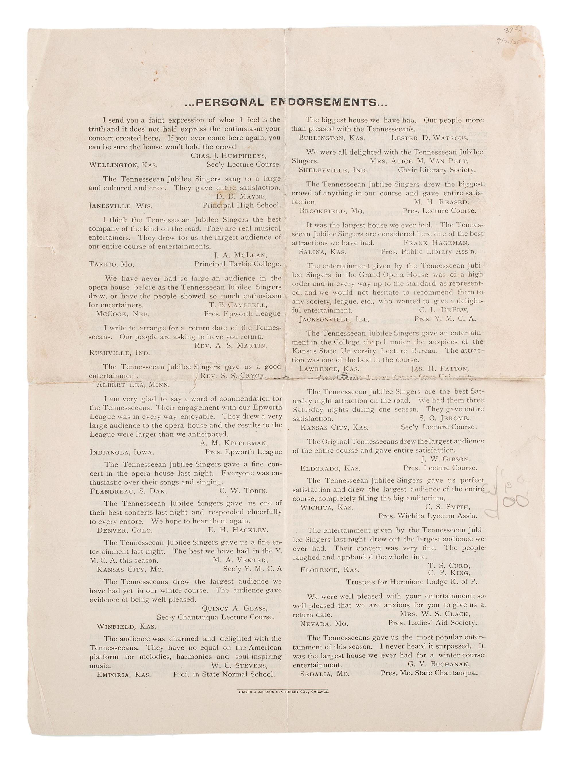 [MUSIC]. A group of tickets, handbills, and programs from the Fisk Jubilee Singers, comprising: