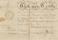 [Abolition]. Pemberton, James (1723-1809). Partly printed document signed ("James Pemberton"), and issued to William Sharpless (or Sharples), Philadelphia, 4 April 1795.